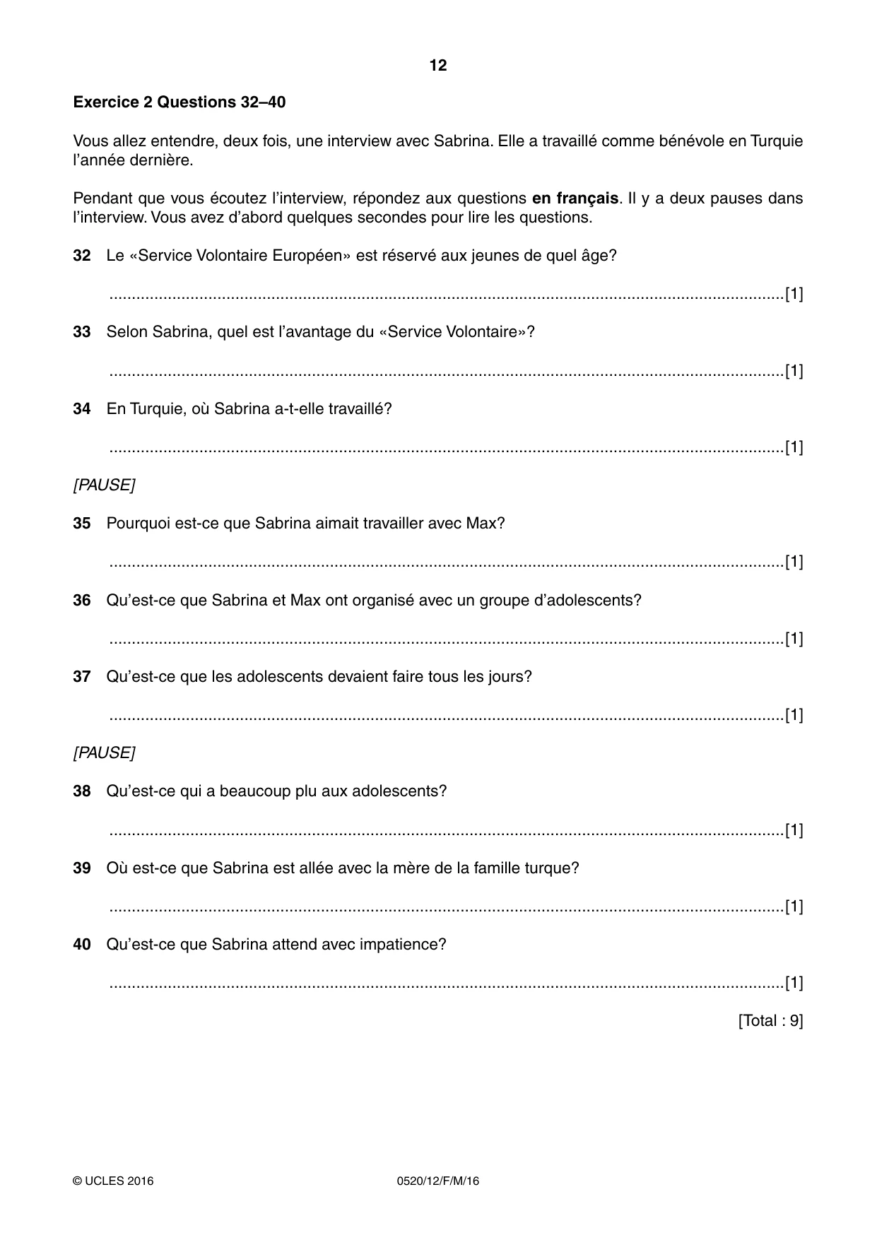 Cambridge IGCSE French - Foreign Language 0520 2016 Feb/March Paper 1 · Variant 2 question paper, page 12 of 12
