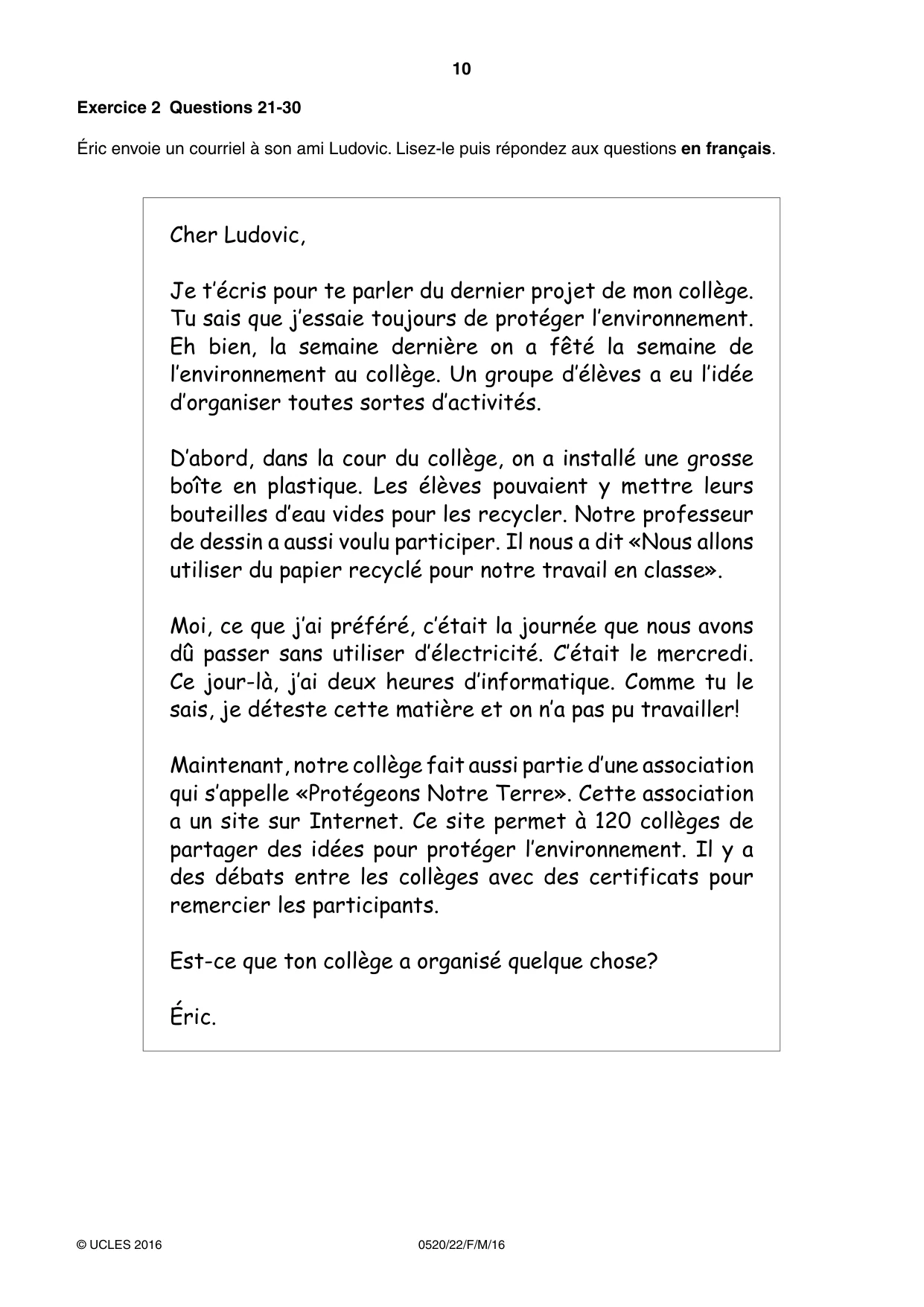 Cambridge IGCSE French - Foreign Language 0520 2016 Feb/March Paper 2 · Variant 2 question paper, page 10 of 16
