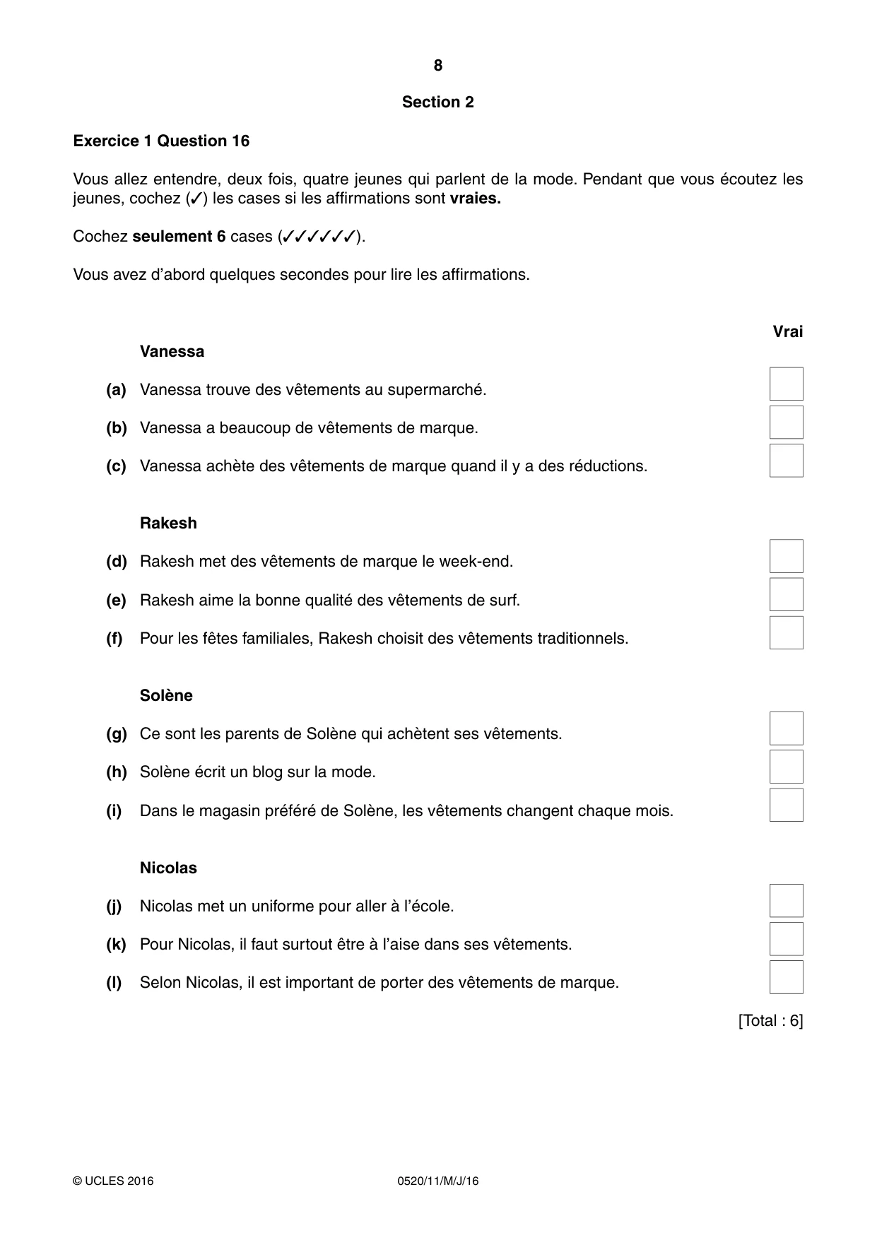 Cambridge IGCSE French - Foreign Language 0520 2016 May/June Paper 1 · Variant 1 question paper, page 8 of 12