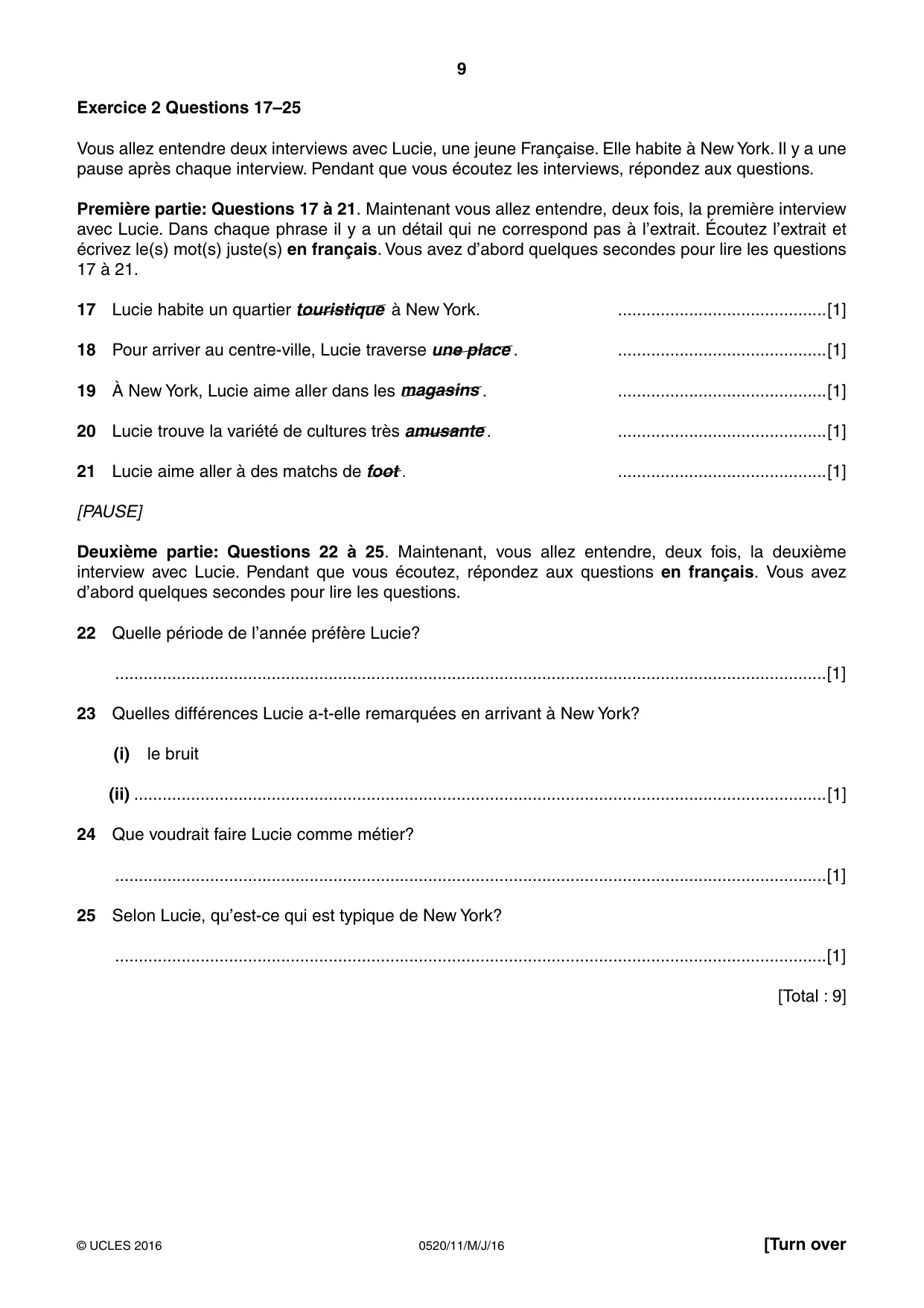 Cambridge IGCSE French - Foreign Language 0520 2016 May/June Paper 1 · Variant 1 question paper, page 9 of 12