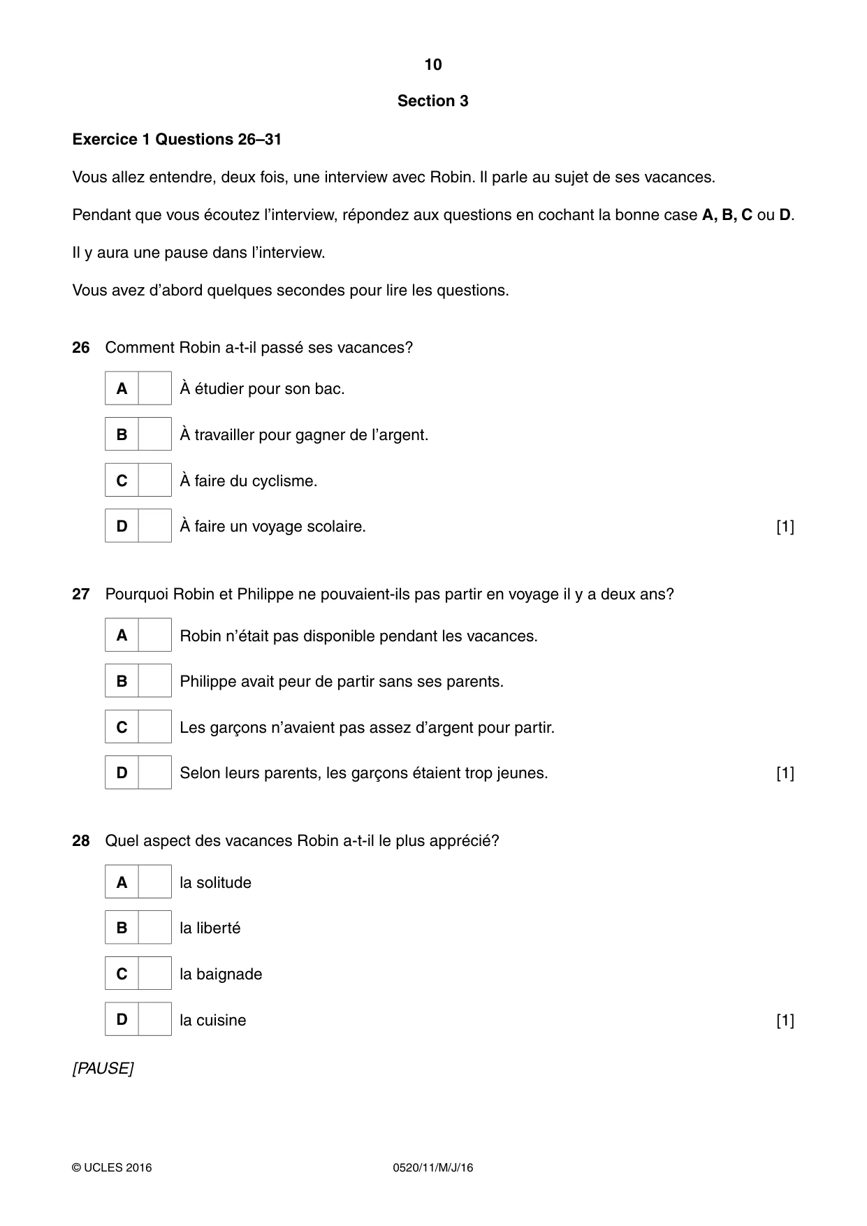 Cambridge IGCSE French - Foreign Language 0520 2016 May/June Paper 1 · Variant 1 question paper, page 10 of 12