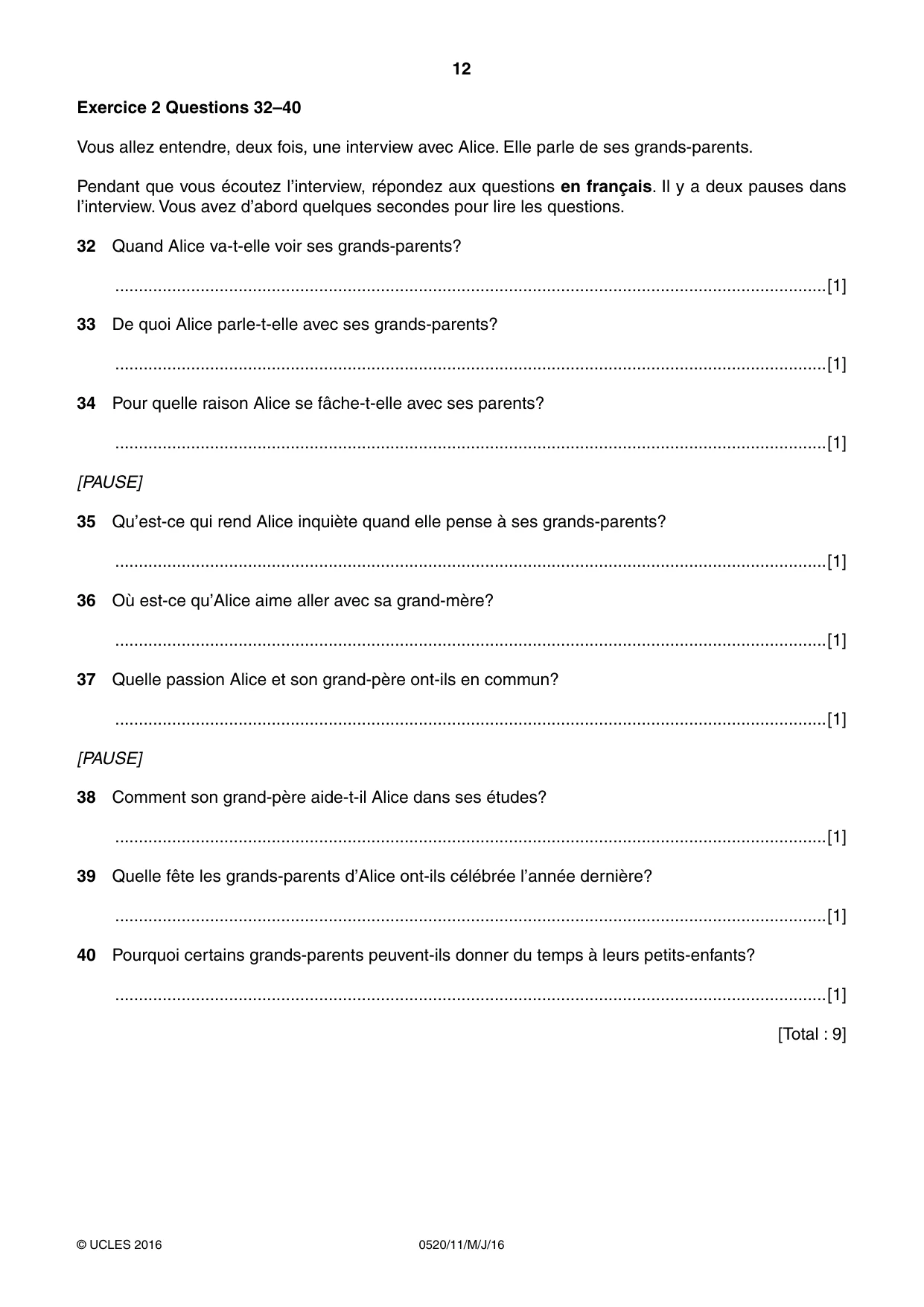 Cambridge IGCSE French - Foreign Language 0520 2016 May/June Paper 1 · Variant 1 question paper, page 12 of 12