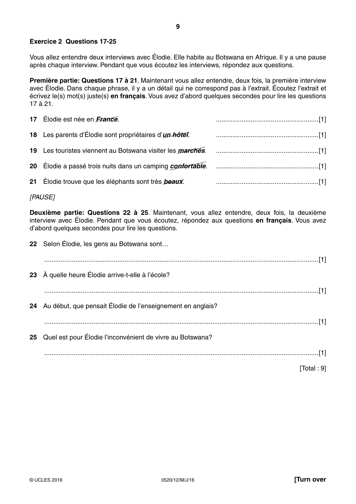 Cambridge IGCSE French - Foreign Language 0520 2016 May/June Paper 1 · Variant 2 question paper, page 9 of 12