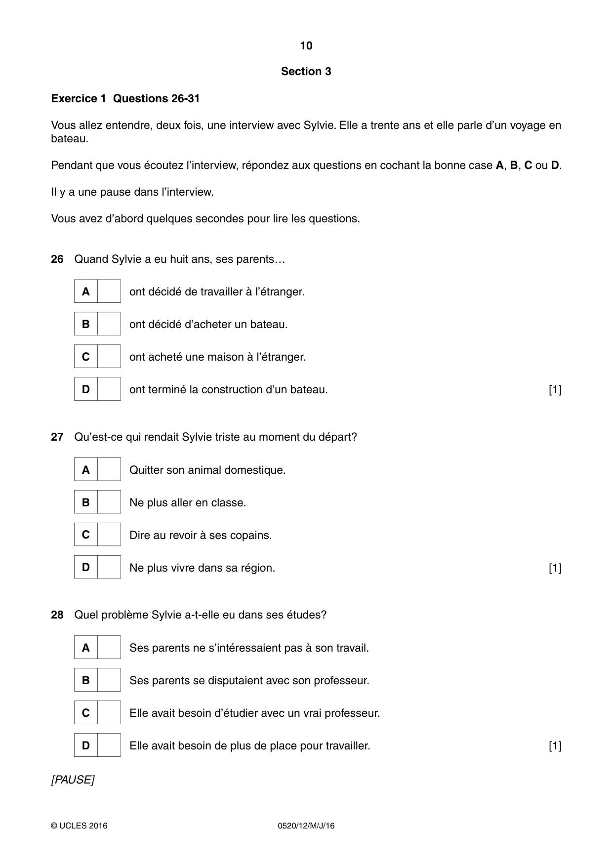 Cambridge IGCSE French - Foreign Language 0520 2016 May/June Paper 1 · Variant 2 question paper, page 10 of 12