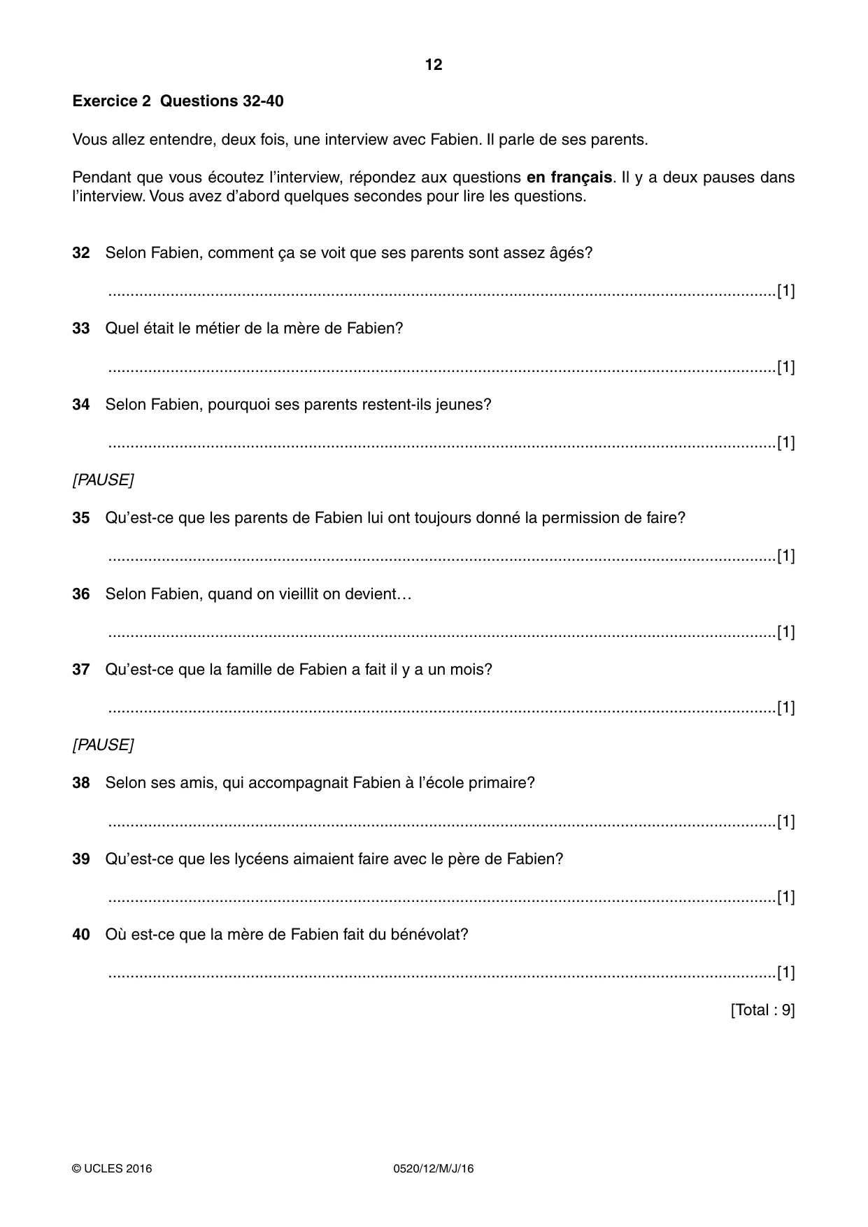 Cambridge IGCSE French - Foreign Language 0520 2016 May/June Paper 1 · Variant 2 question paper, page 12 of 12