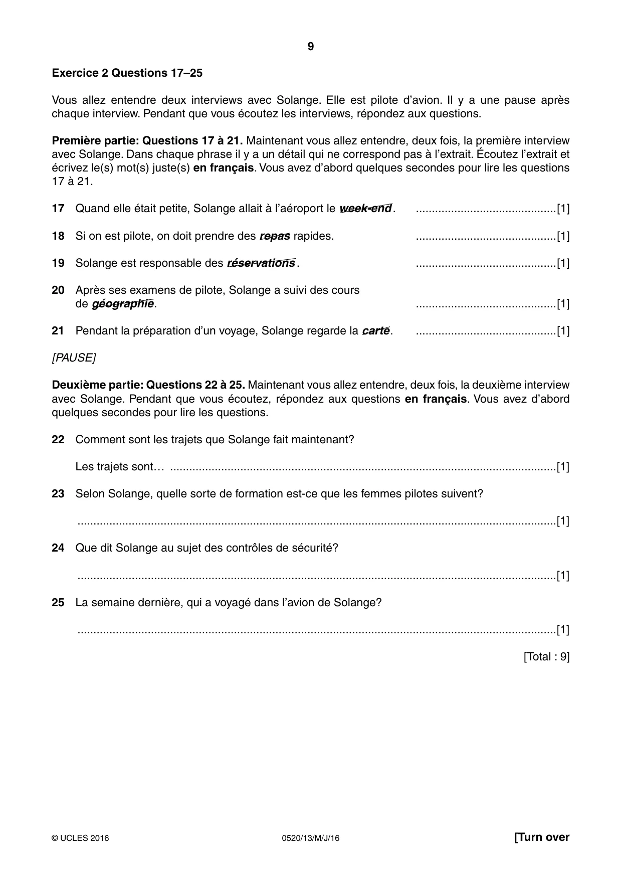 Cambridge IGCSE French - Foreign Language 0520 2016 May/June Paper 1 · Variant 3 question paper, page 9 of 12