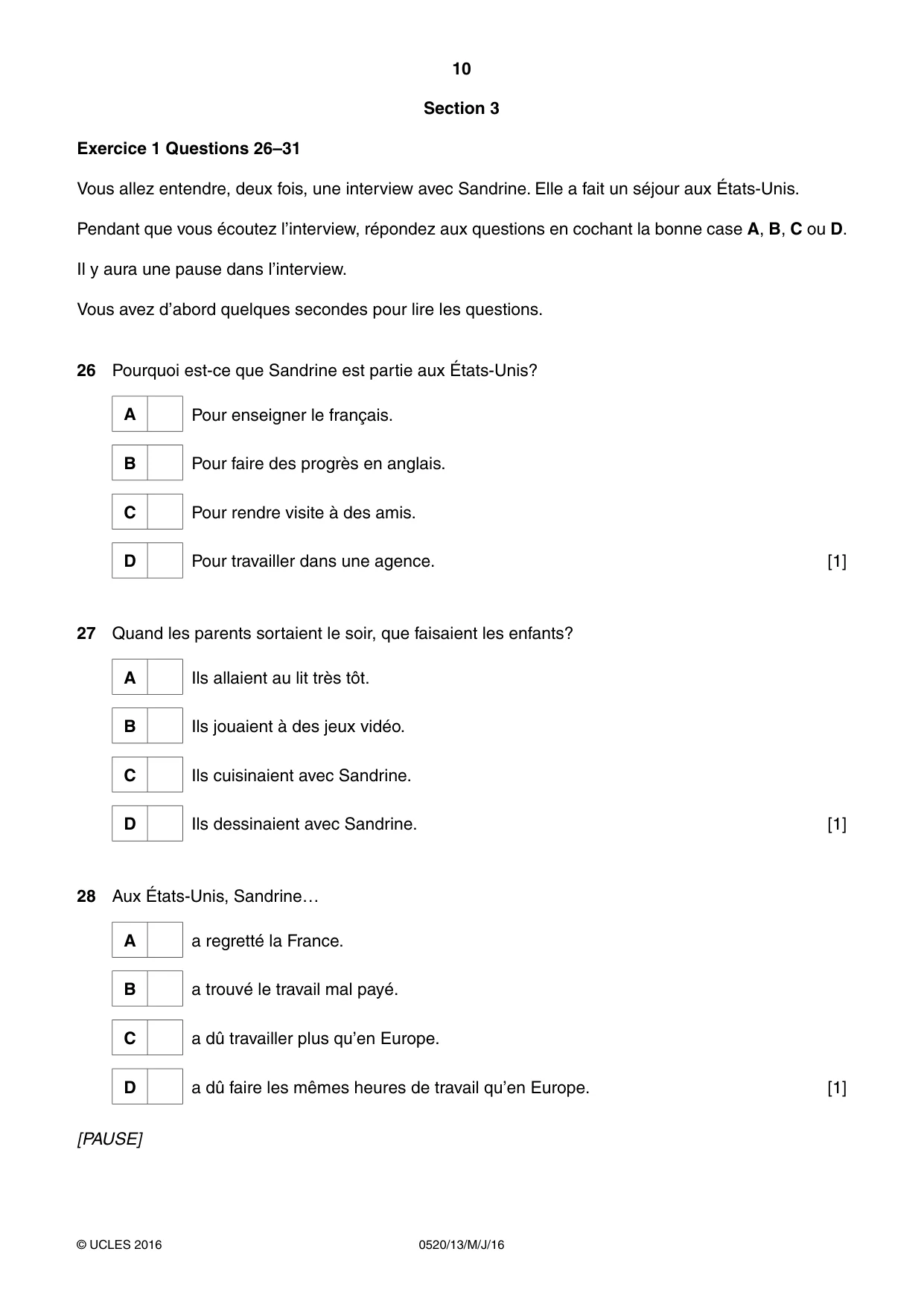 Cambridge IGCSE French - Foreign Language 0520 2016 May/June Paper 1 · Variant 3 question paper, page 10 of 12