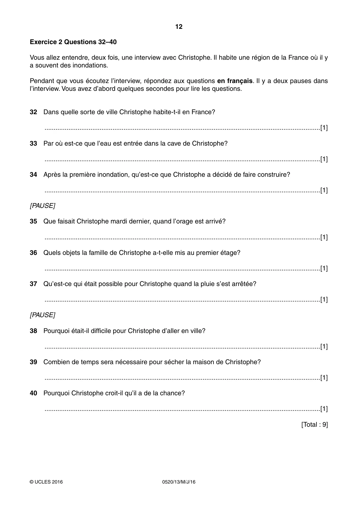 Cambridge IGCSE French - Foreign Language 0520 2016 May/June Paper 1 · Variant 3 question paper, page 12 of 12