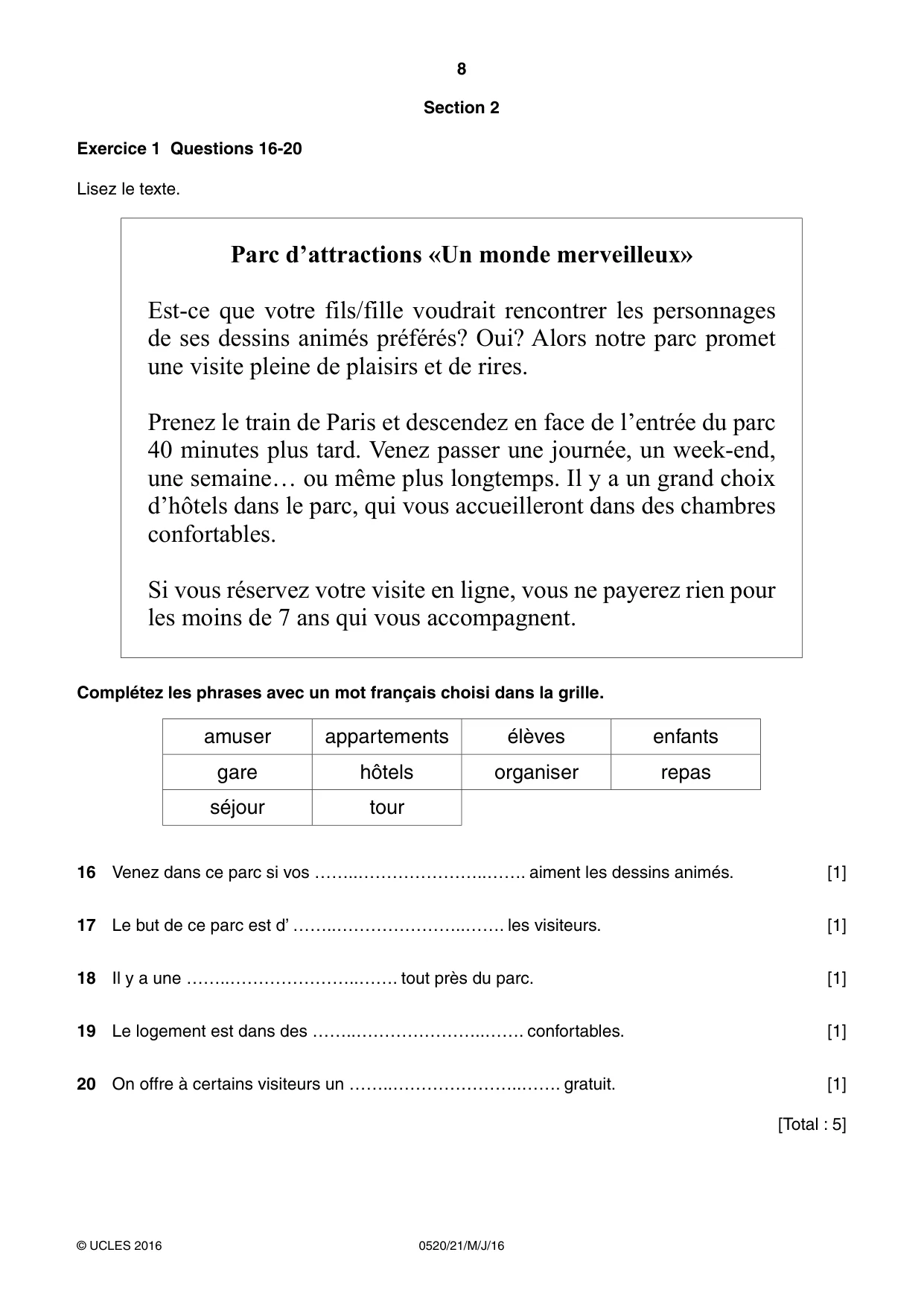 Cambridge IGCSE French - Foreign Language 0520 2016 May/June Paper 2 · Variant 1 question paper, page 8 of 16