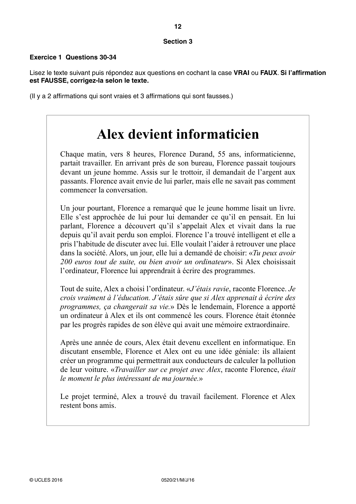 Cambridge IGCSE French - Foreign Language 0520 2016 May/June Paper 2 · Variant 1 question paper, page 12 of 16