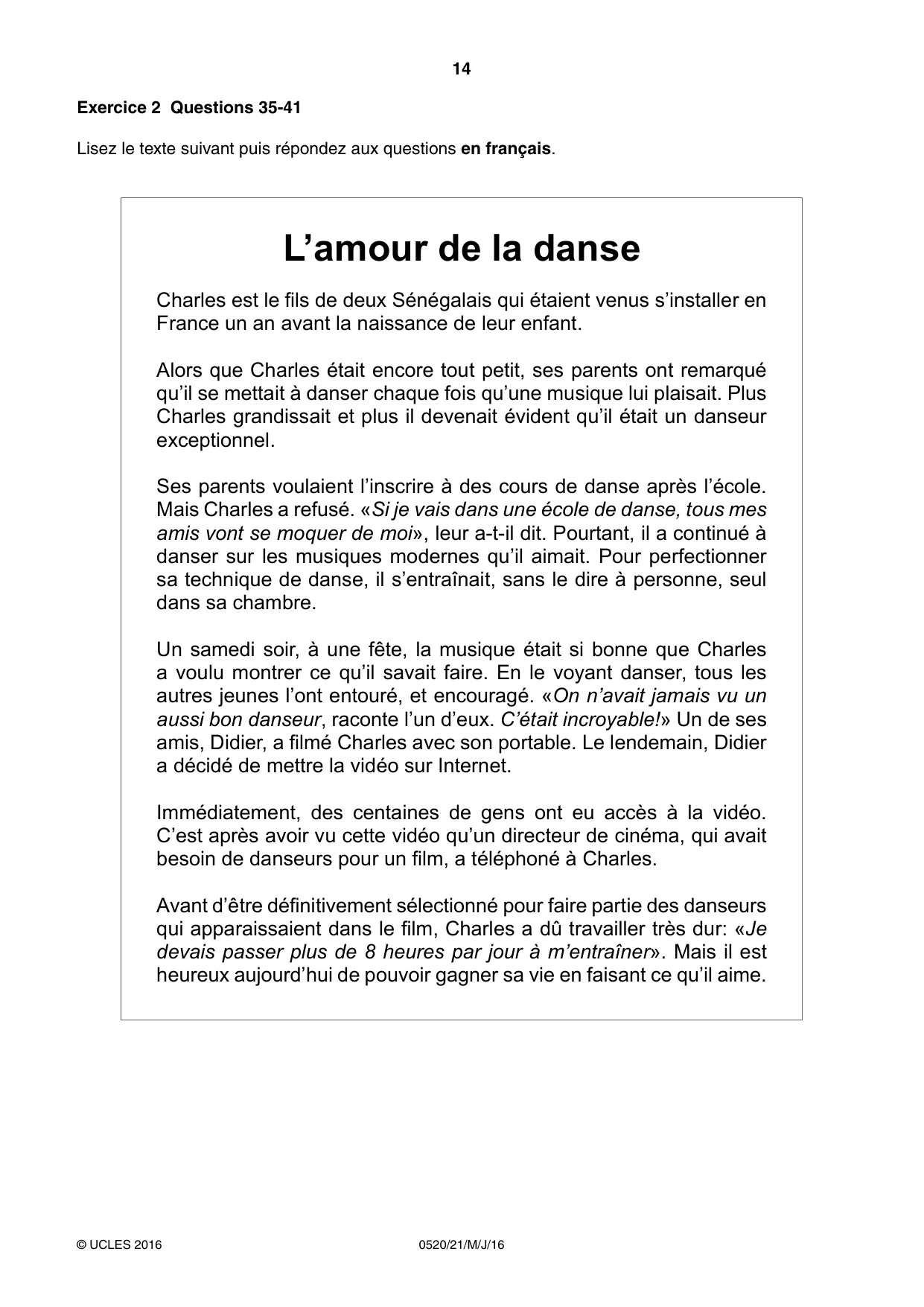 Cambridge IGCSE French - Foreign Language 0520 2016 May/June Paper 2 · Variant 1 question paper, page 14 of 16