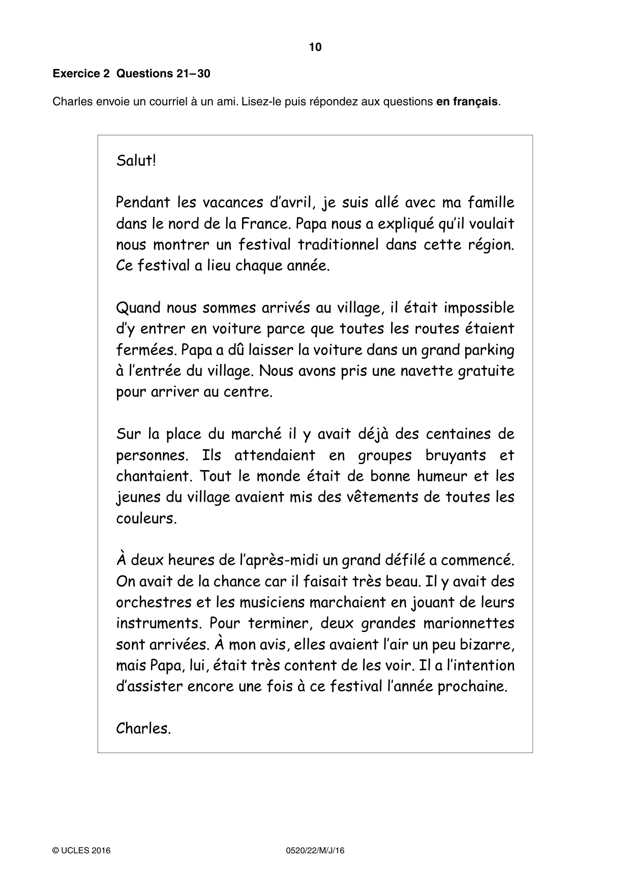 Cambridge IGCSE French - Foreign Language 0520 2016 May/June Paper 2 · Variant 2 question paper, page 10 of 16