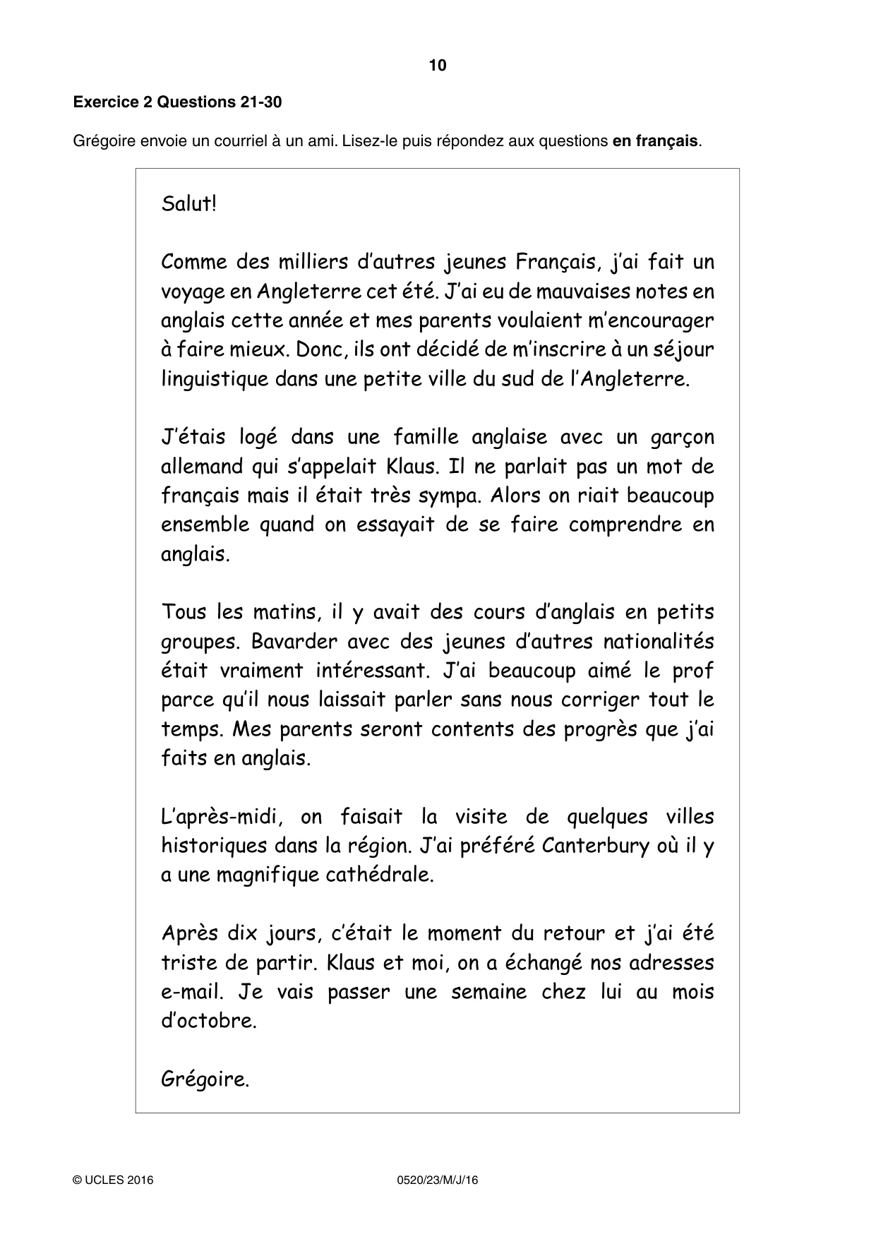 Cambridge IGCSE French - Foreign Language 0520 2016 May/June Paper 2 · Variant 3 question paper, page 10 of 16