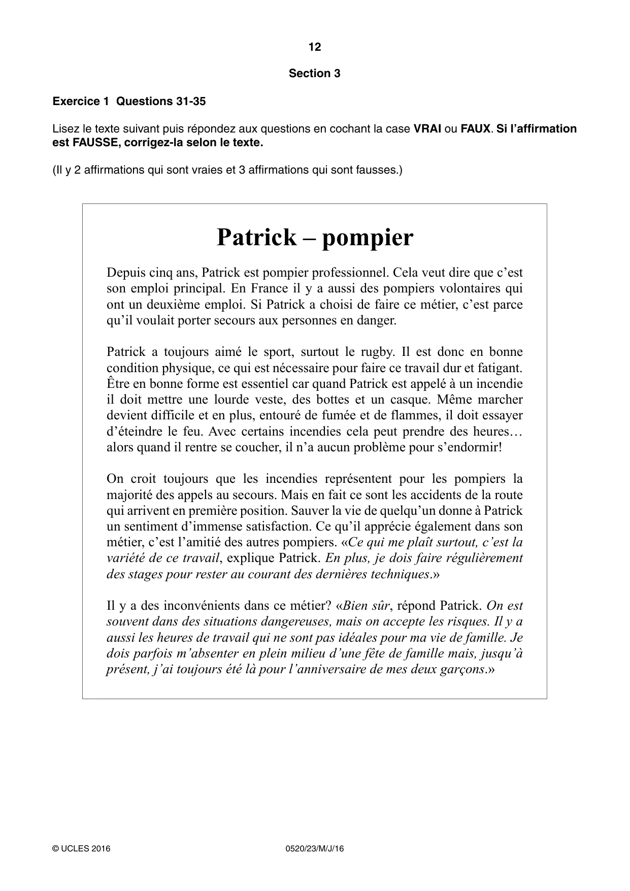 Cambridge IGCSE French - Foreign Language 0520 2016 May/June Paper 2 · Variant 3 question paper, page 12 of 16