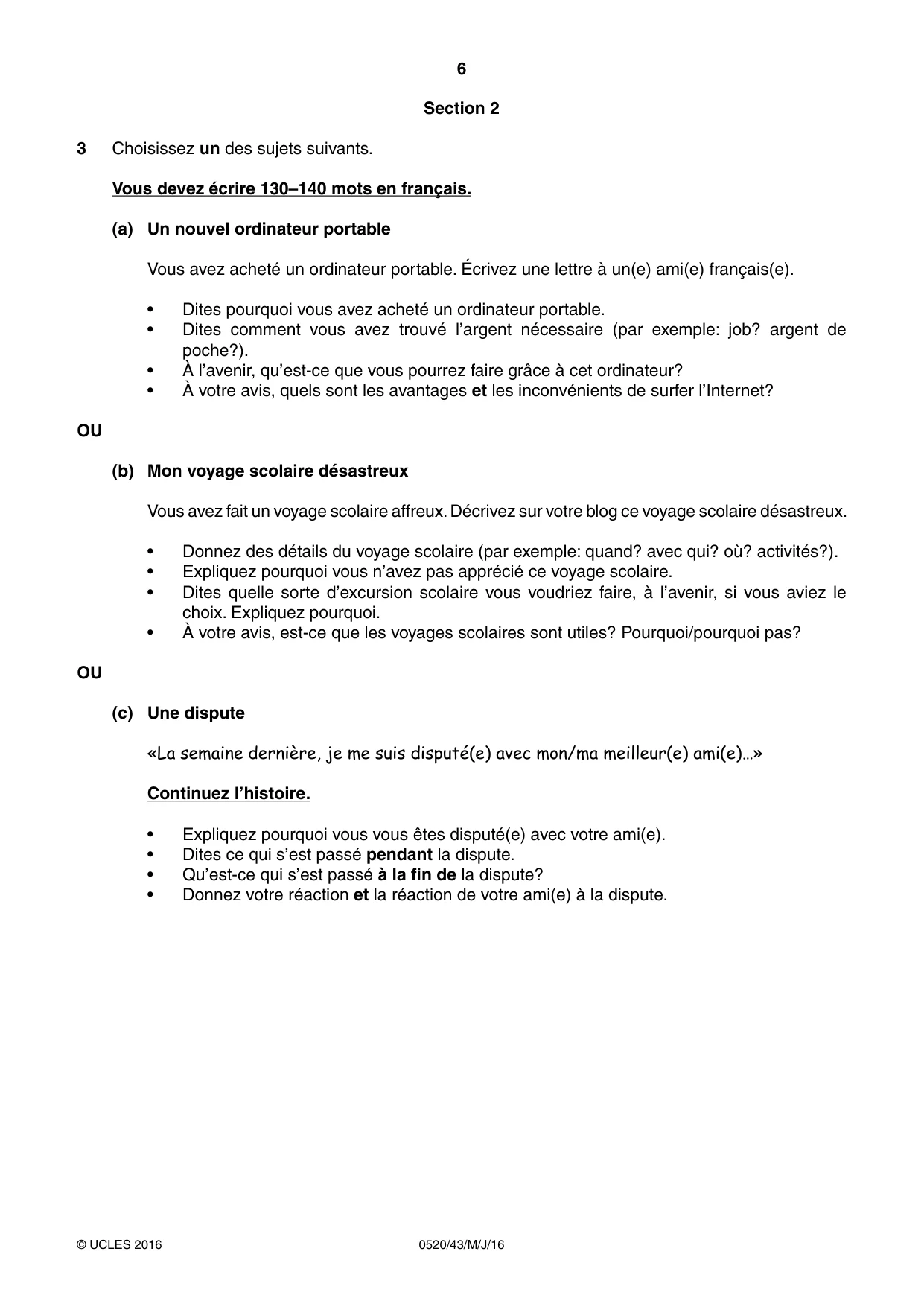 Cambridge IGCSE French - Foreign Language 0520 2016 May/June Paper 4 · Variant 3 question paper, page 6 of 8