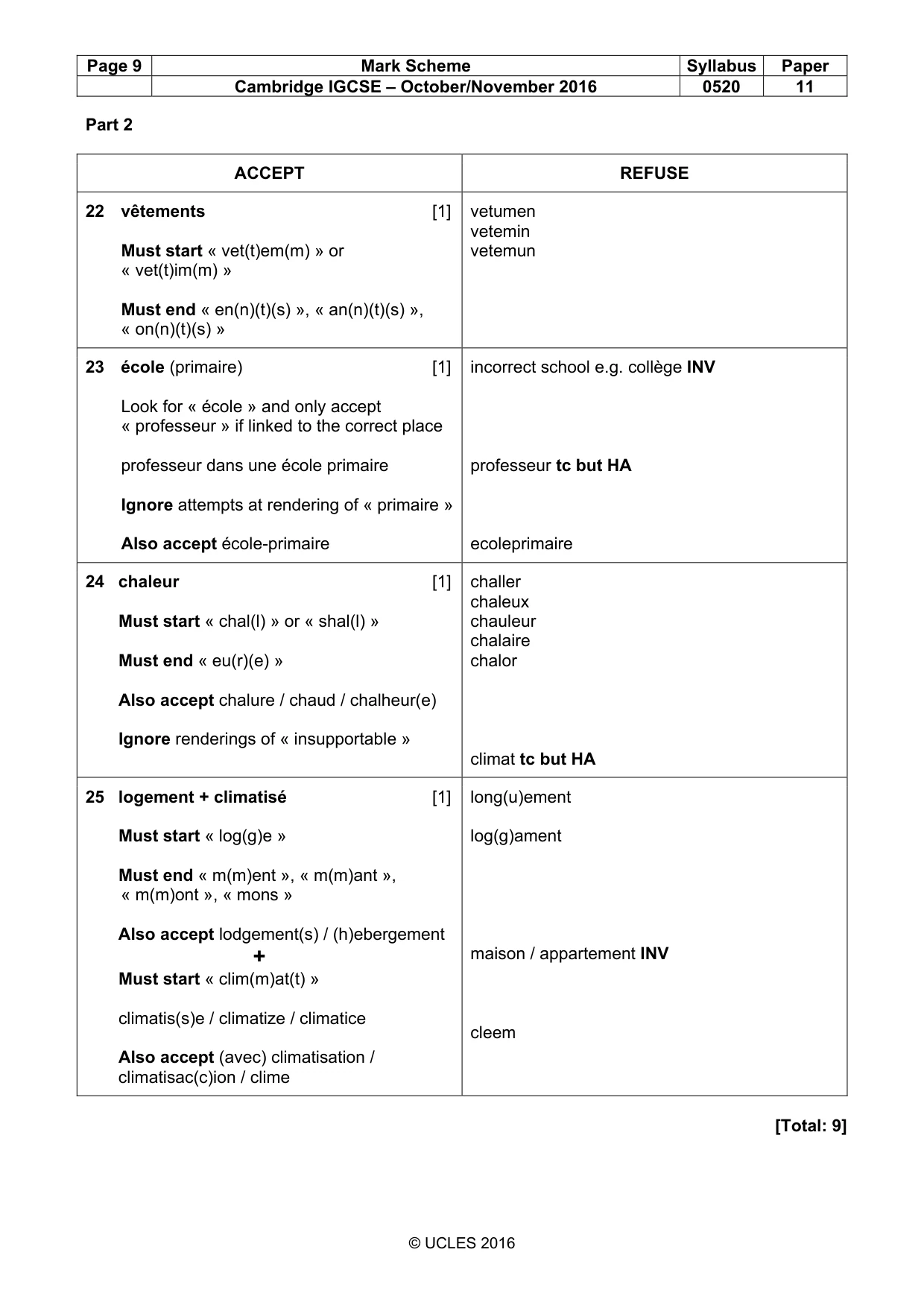 Mark scheme, page 9 of 11