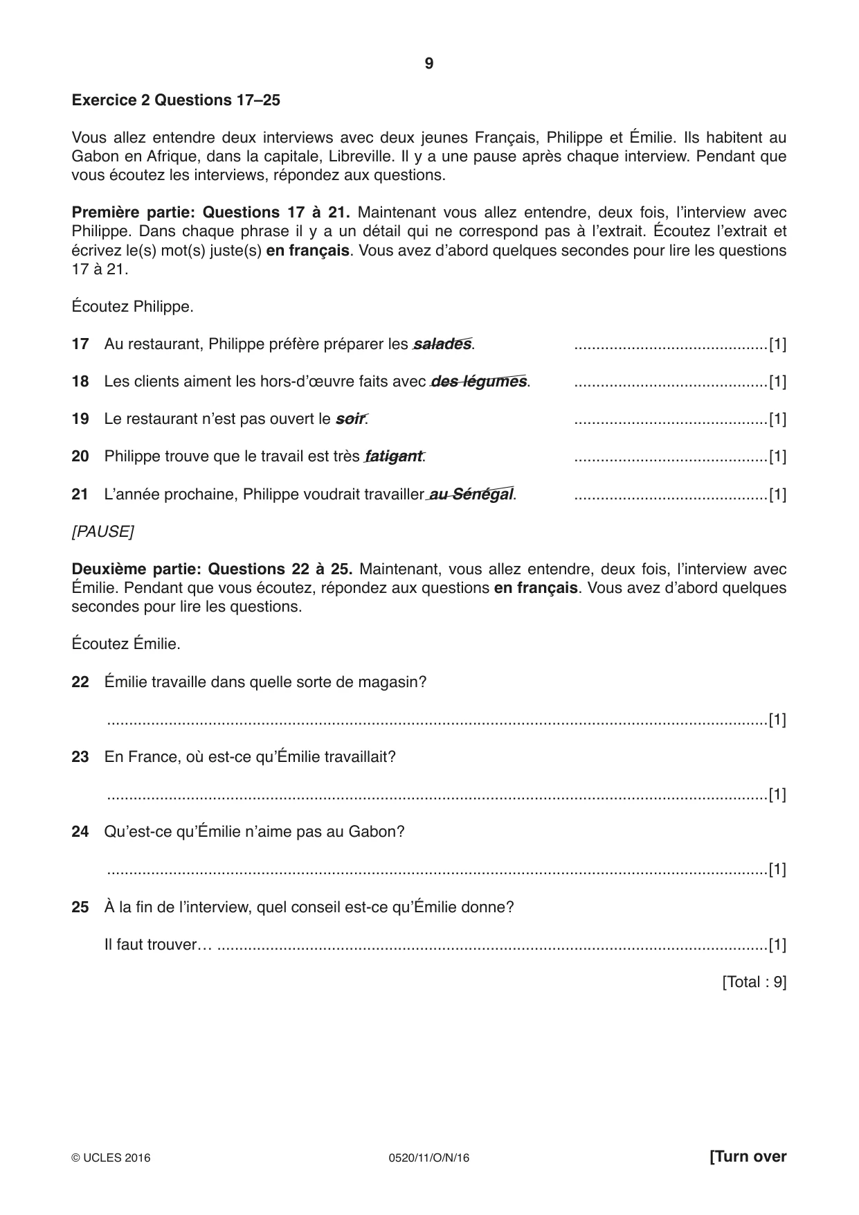 Cambridge IGCSE French - Foreign Language 0520 2016 Oct/Nov Paper 1 · Variant 1 question paper, page 9 of 12