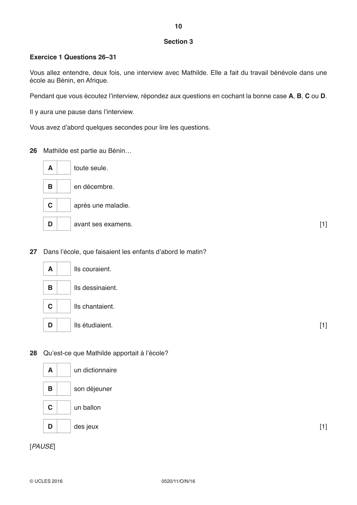 Cambridge IGCSE French - Foreign Language 0520 2016 Oct/Nov Paper 1 · Variant 1 question paper, page 10 of 12