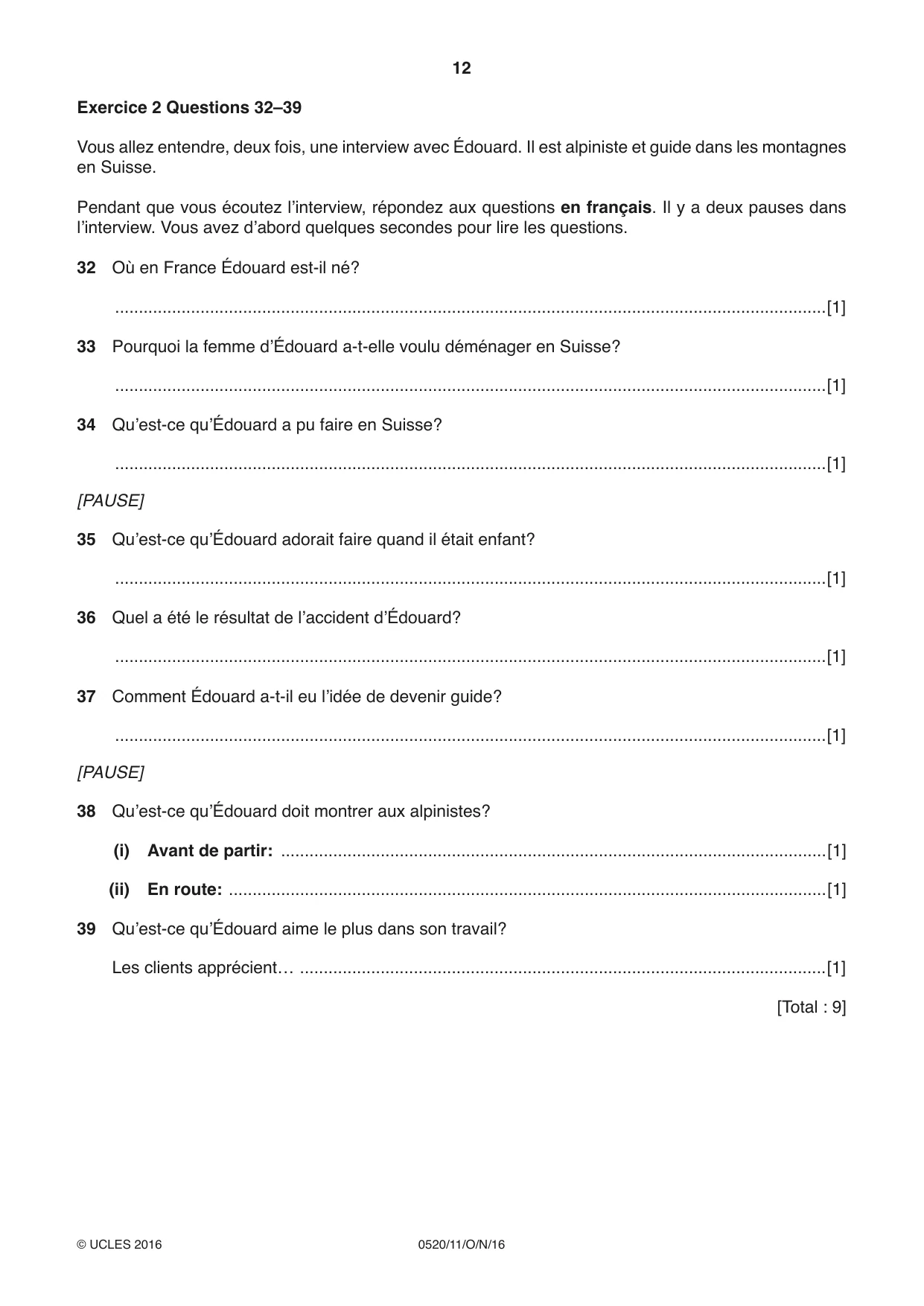 Cambridge IGCSE French - Foreign Language 0520 2016 Oct/Nov Paper 1 · Variant 1 question paper, page 12 of 12