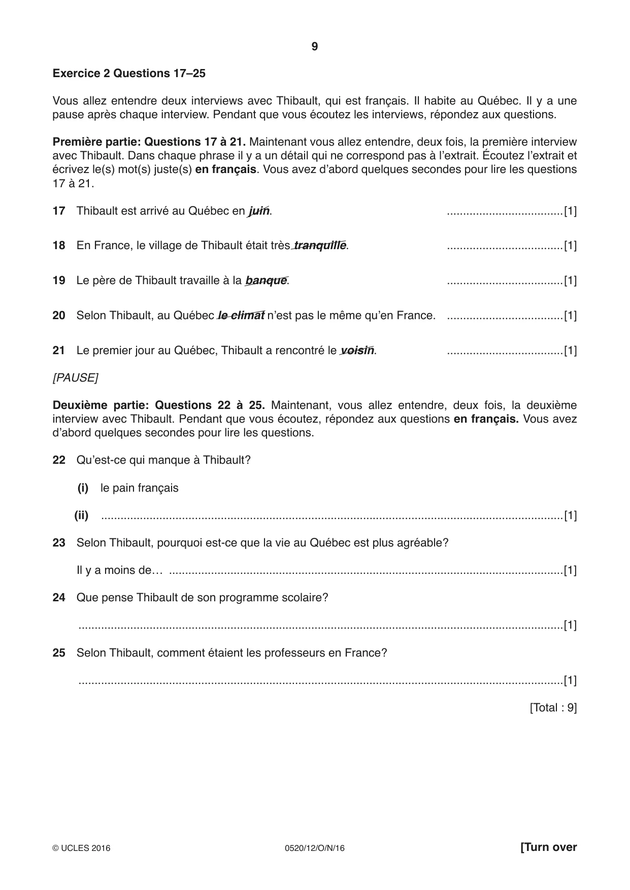 Cambridge IGCSE French - Foreign Language 0520 2016 Oct/Nov Paper 1 · Variant 2 question paper, page 9 of 12
