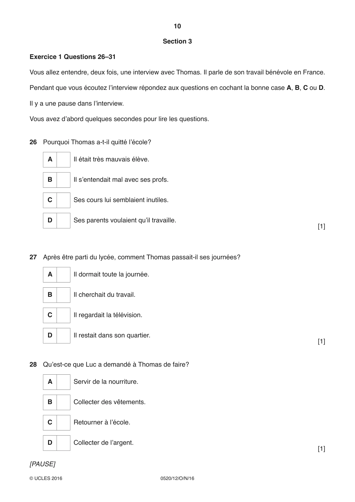 Cambridge IGCSE French - Foreign Language 0520 2016 Oct/Nov Paper 1 · Variant 2 question paper, page 10 of 12