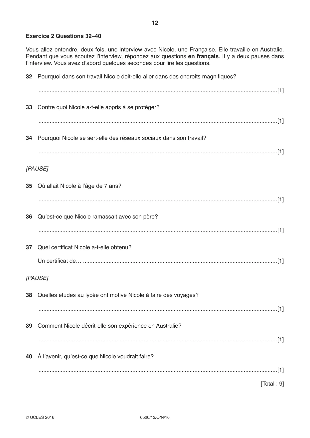 Cambridge IGCSE French - Foreign Language 0520 2016 Oct/Nov Paper 1 · Variant 2 question paper, page 12 of 12