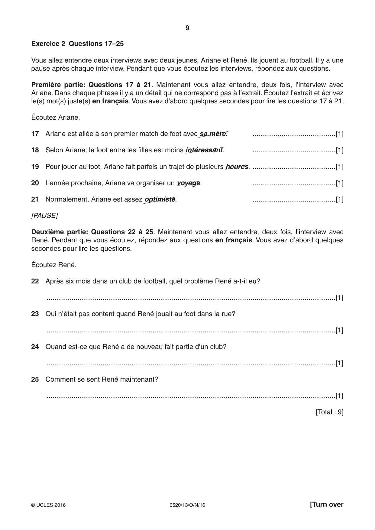 Cambridge IGCSE French - Foreign Language 0520 2016 Oct/Nov Paper 1 · Variant 3 question paper, page 9 of 12