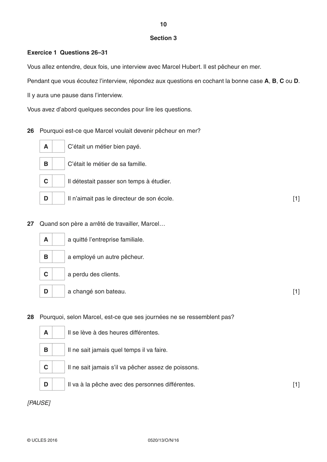 Cambridge IGCSE French - Foreign Language 0520 2016 Oct/Nov Paper 1 · Variant 3 question paper, page 10 of 12