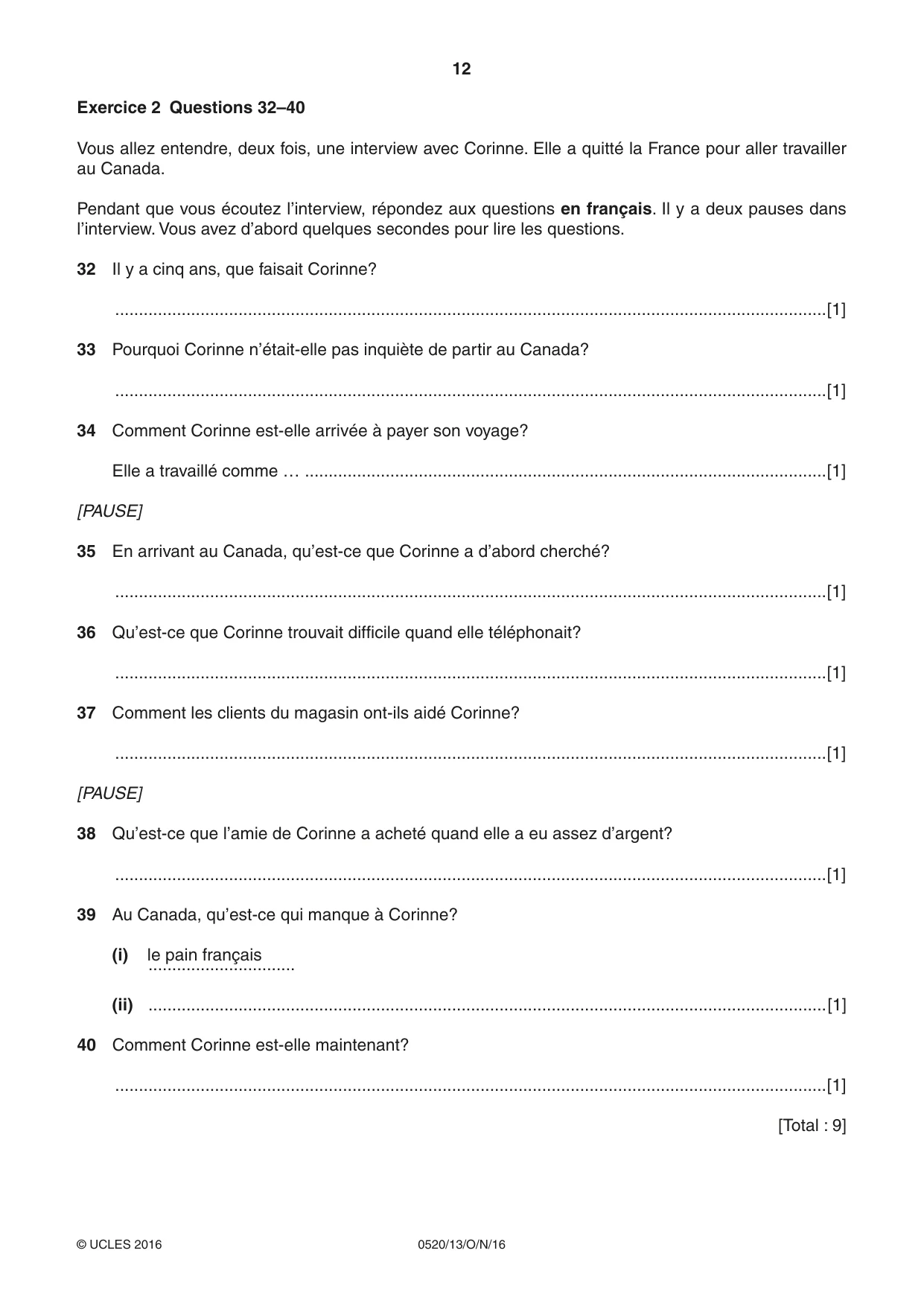 Cambridge IGCSE French - Foreign Language 0520 2016 Oct/Nov Paper 1 · Variant 3 question paper, page 12 of 12