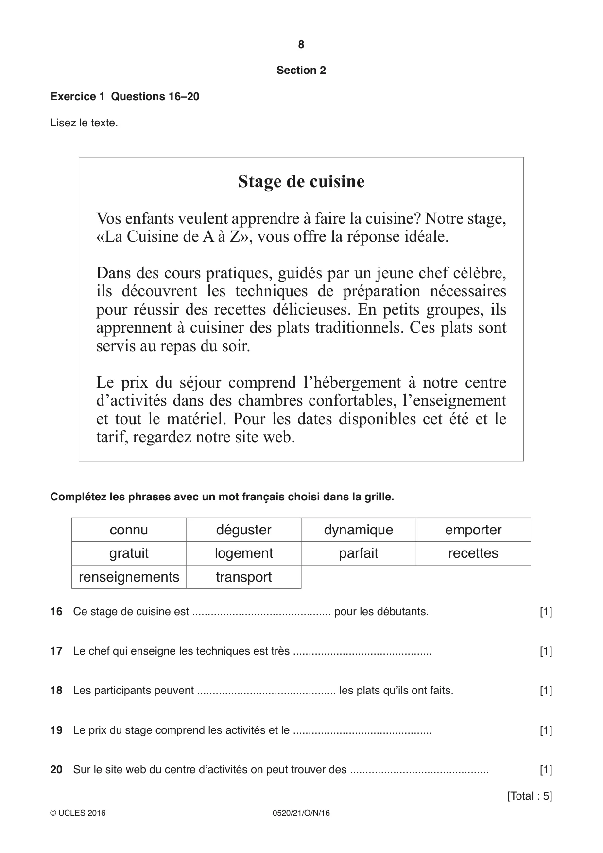 Cambridge IGCSE French - Foreign Language 0520 2016 Oct/Nov Paper 2 · Variant 1 question paper, page 8 of 16
