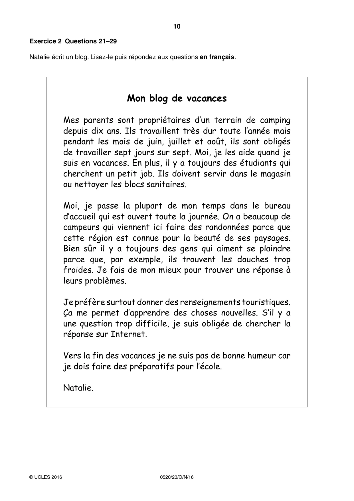 Cambridge IGCSE French - Foreign Language 0520 2016 Oct/Nov Paper 2 · Variant 3 question paper, page 10 of 16