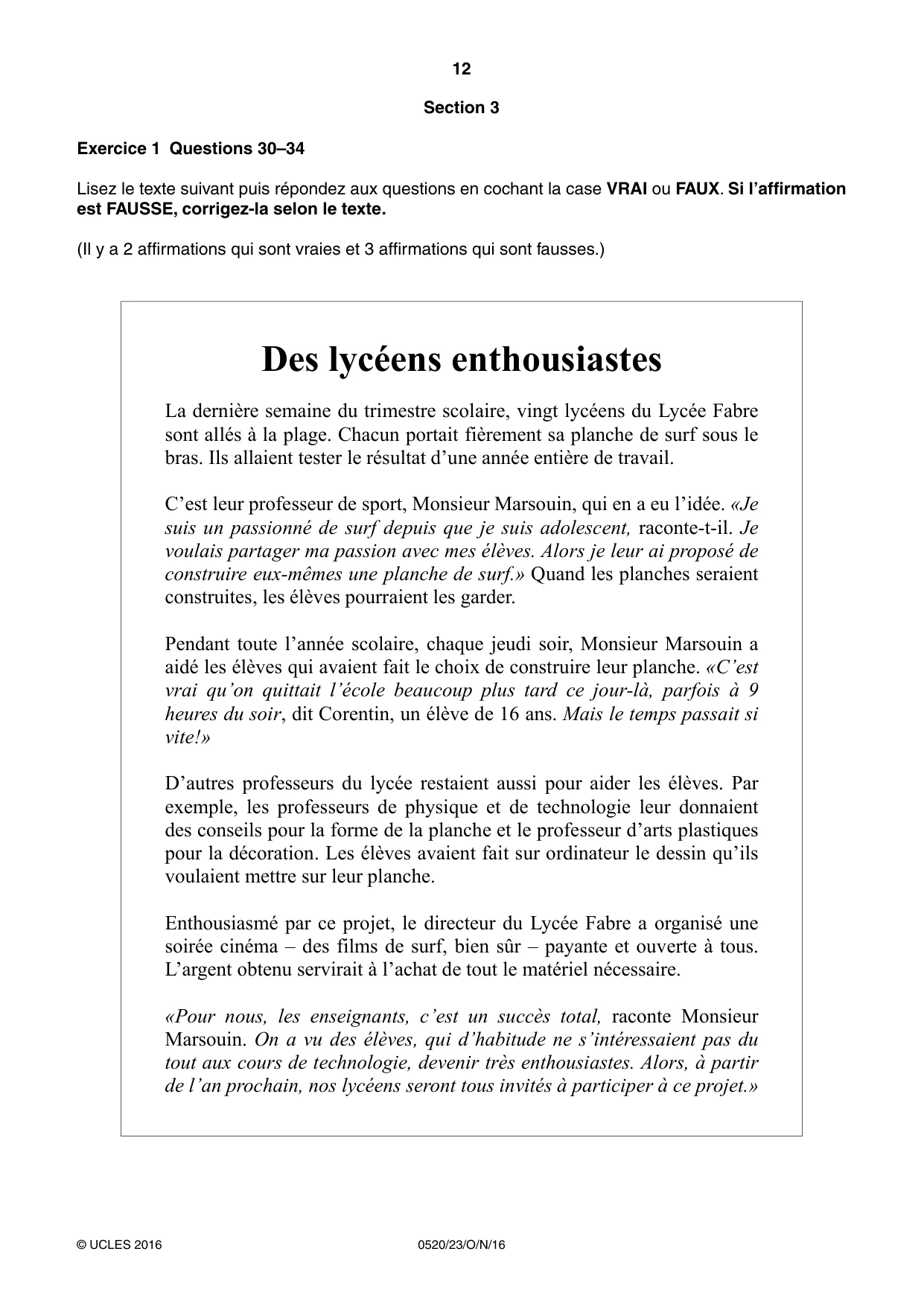 Cambridge IGCSE French - Foreign Language 0520 2016 Oct/Nov Paper 2 · Variant 3 question paper, page 12 of 16