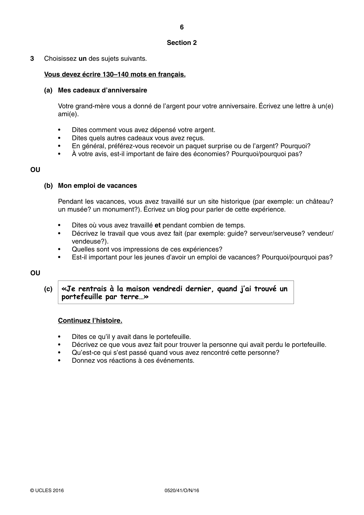 Cambridge IGCSE French - Foreign Language 0520 2016 Oct/Nov Paper 4 · Variant 1 question paper, page 6 of 8