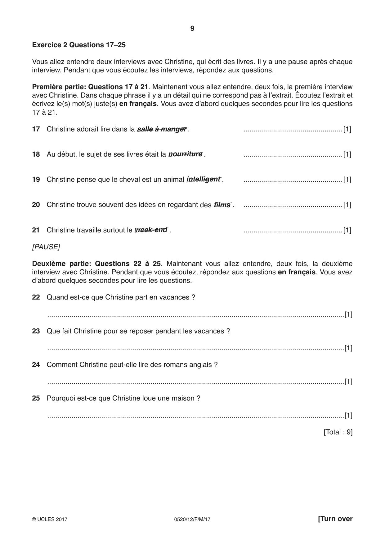 Cambridge IGCSE French - Foreign Language 0520 2017 Feb/March Paper 1 · Variant 2 question paper, page 9 of 12
