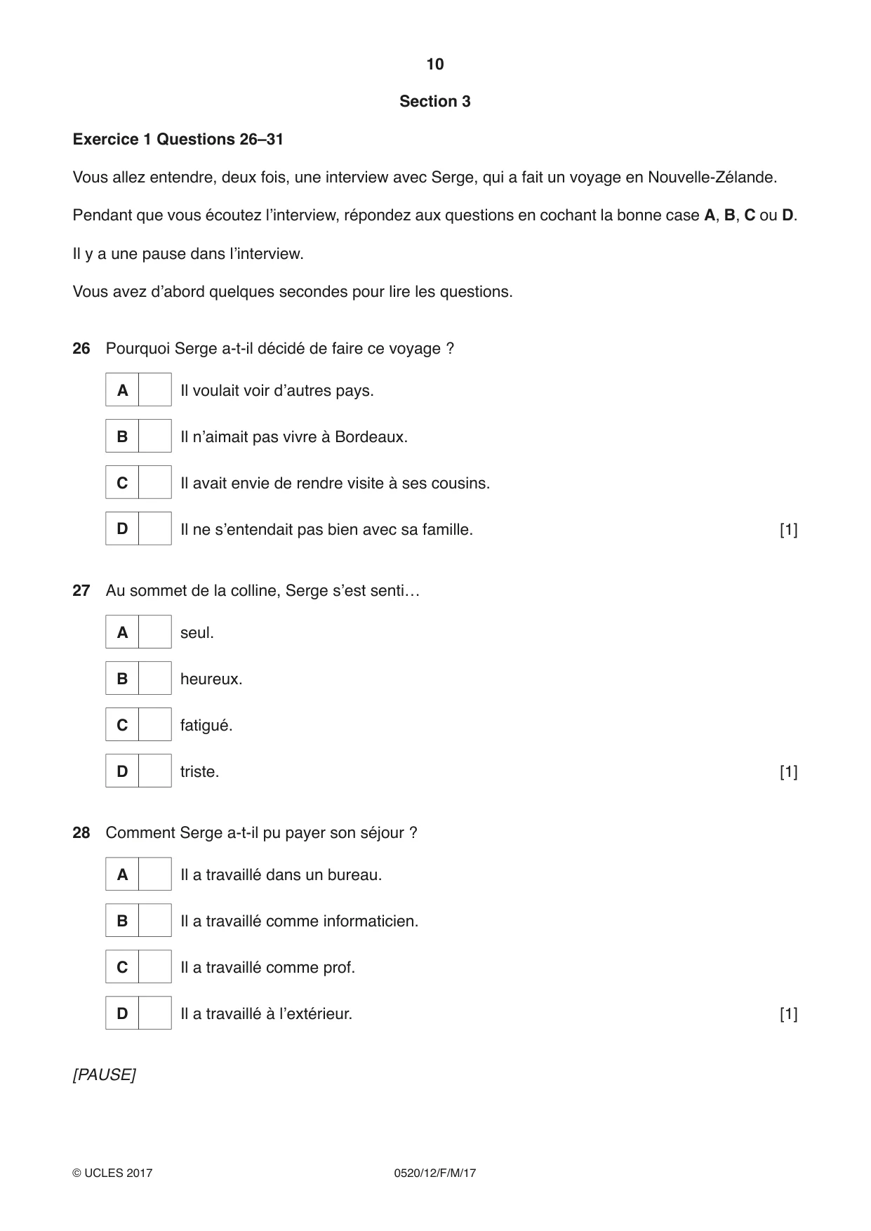 Cambridge IGCSE French - Foreign Language 0520 2017 Feb/March Paper 1 · Variant 2 question paper, page 10 of 12