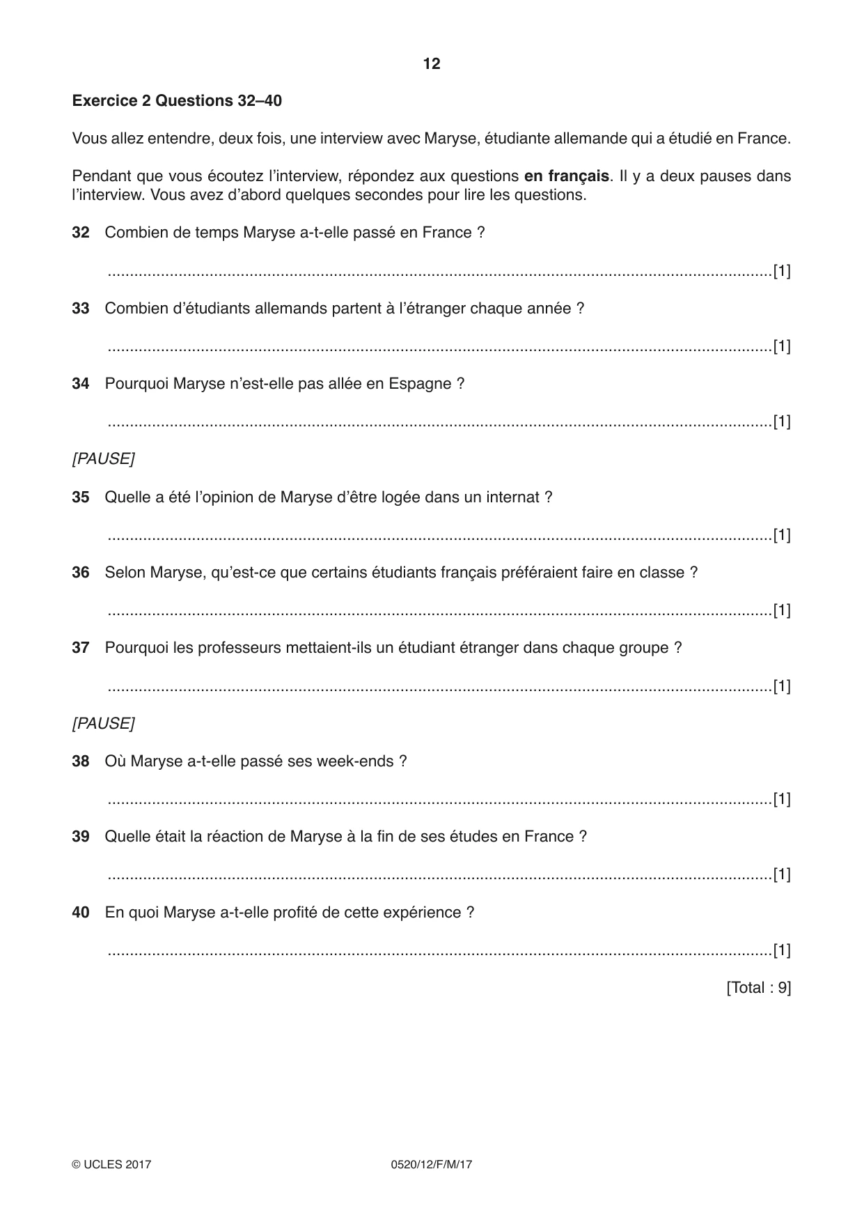 Cambridge IGCSE French - Foreign Language 0520 2017 Feb/March Paper 1 · Variant 2 question paper, page 12 of 12