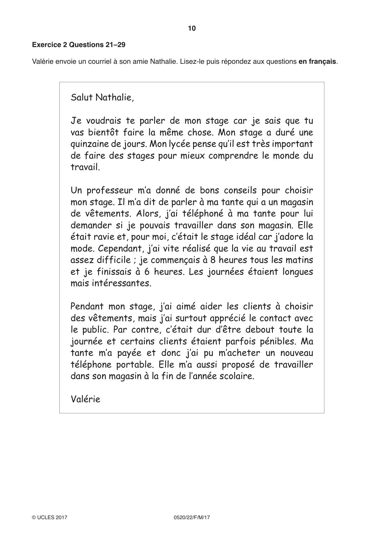 Cambridge IGCSE French - Foreign Language 0520 2017 Feb/March Paper 2 · Variant 2 question paper, page 10 of 16