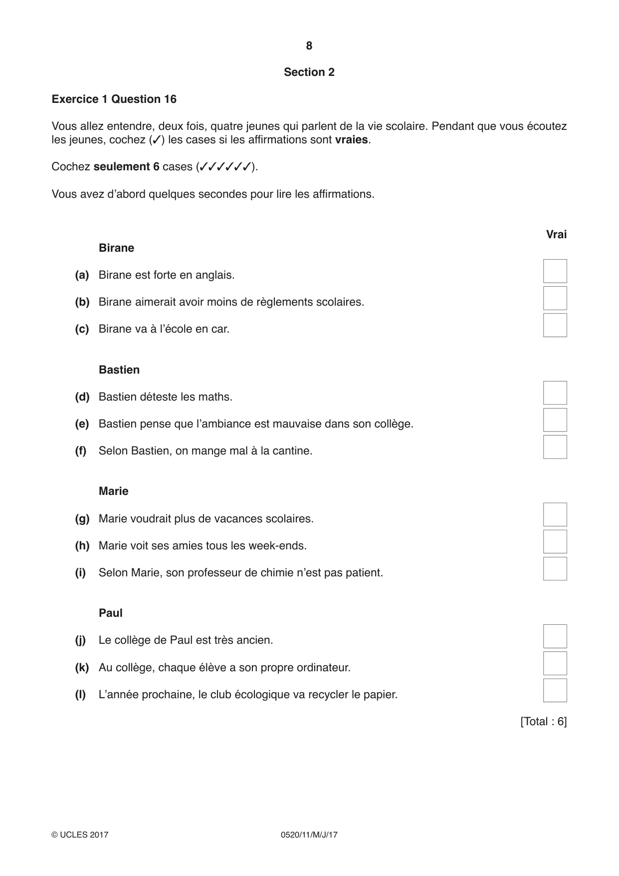 Cambridge IGCSE French - Foreign Language 0520 2017 May/June Paper 1 · Variant 1 question paper, page 8 of 12