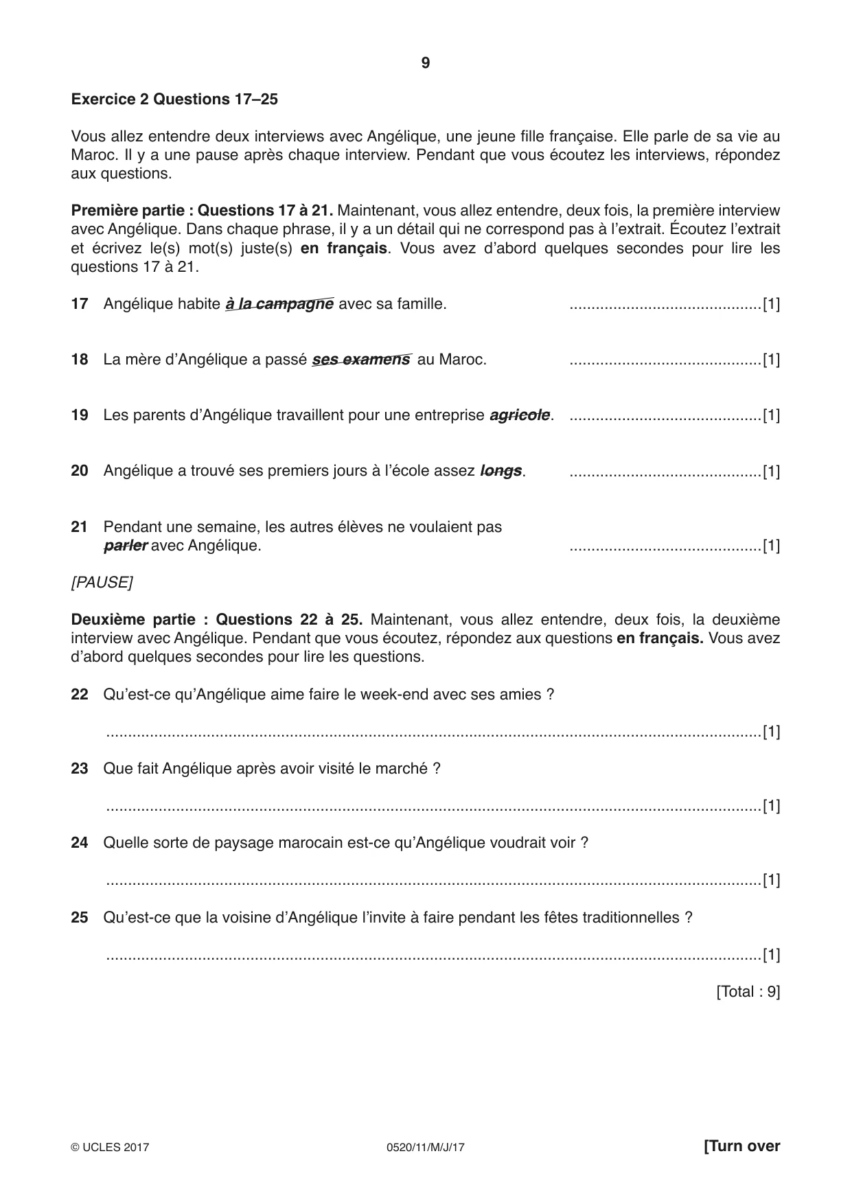 Cambridge IGCSE French - Foreign Language 0520 2017 May/June Paper 1 · Variant 1 question paper, page 9 of 12