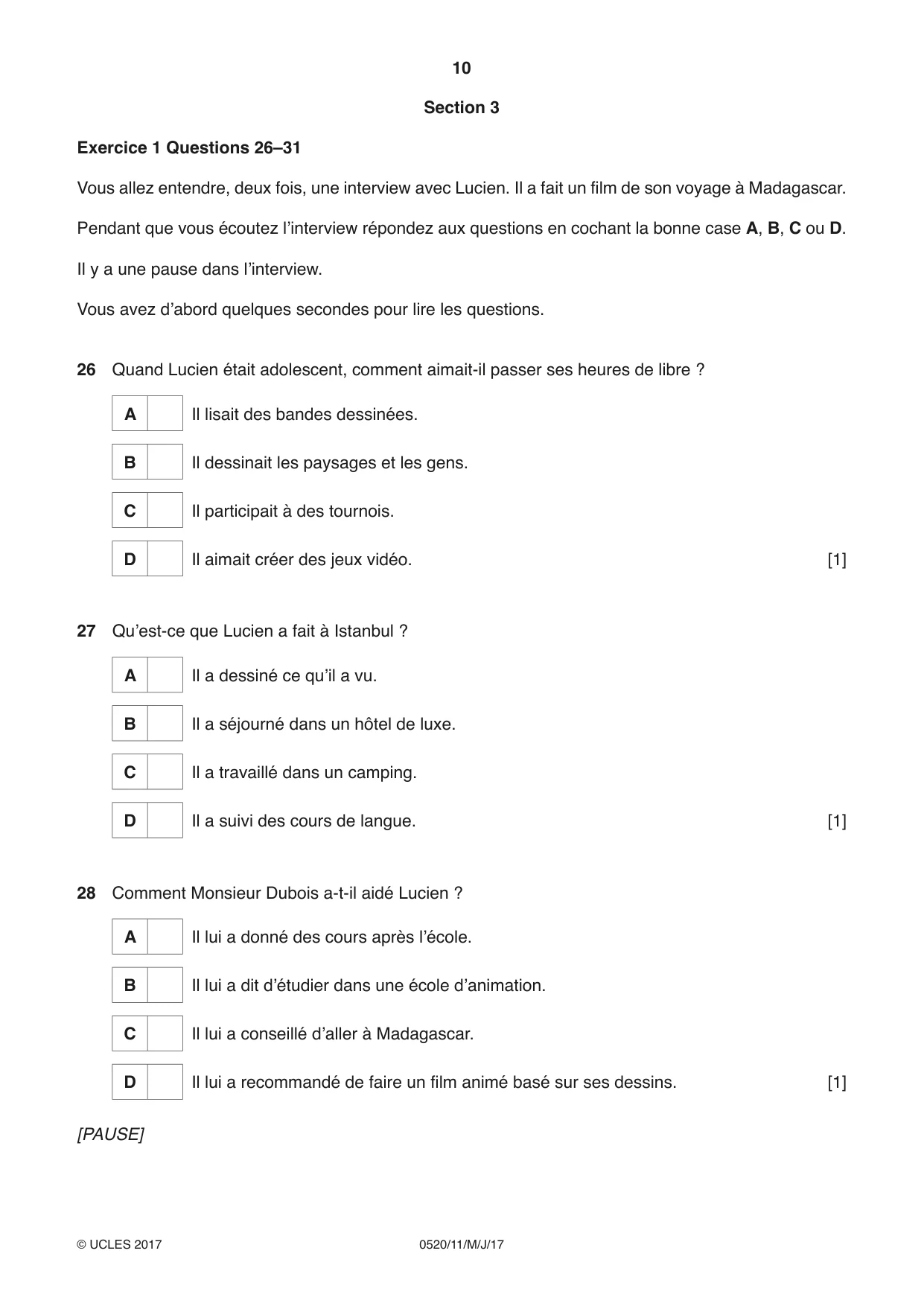 Cambridge IGCSE French - Foreign Language 0520 2017 May/June Paper 1 · Variant 1 question paper, page 10 of 12