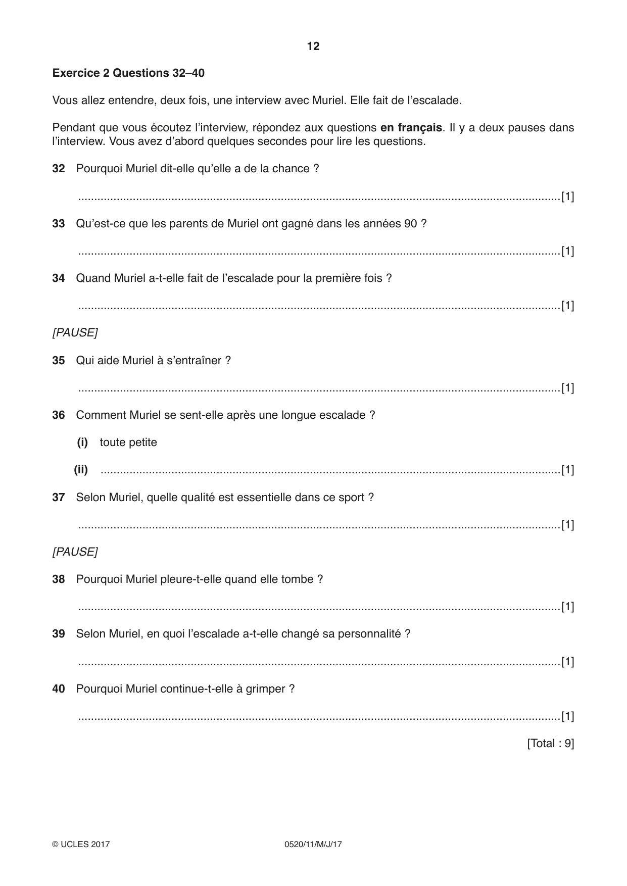 Cambridge IGCSE French - Foreign Language 0520 2017 May/June Paper 1 · Variant 1 question paper, page 12 of 12