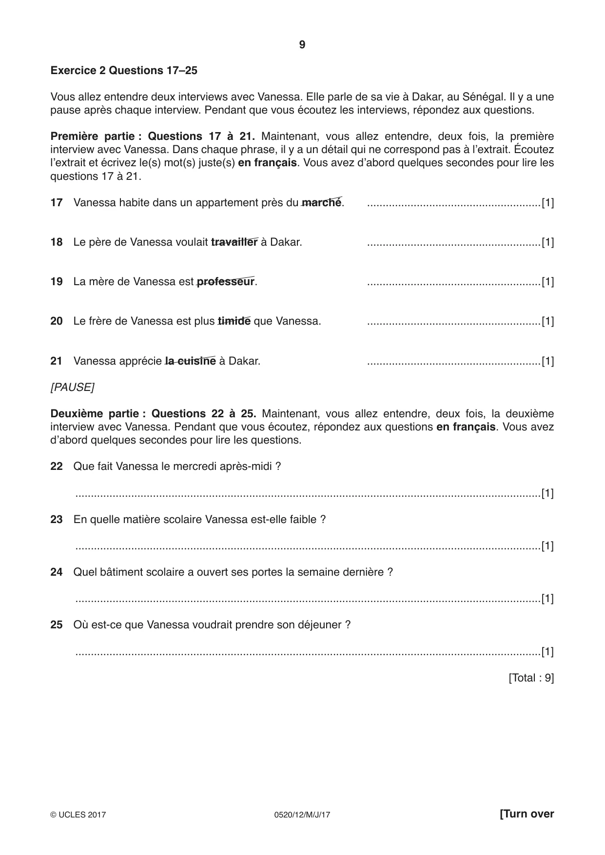 Cambridge IGCSE French - Foreign Language 0520 2017 May/June Paper 1 · Variant 2 question paper, page 9 of 12