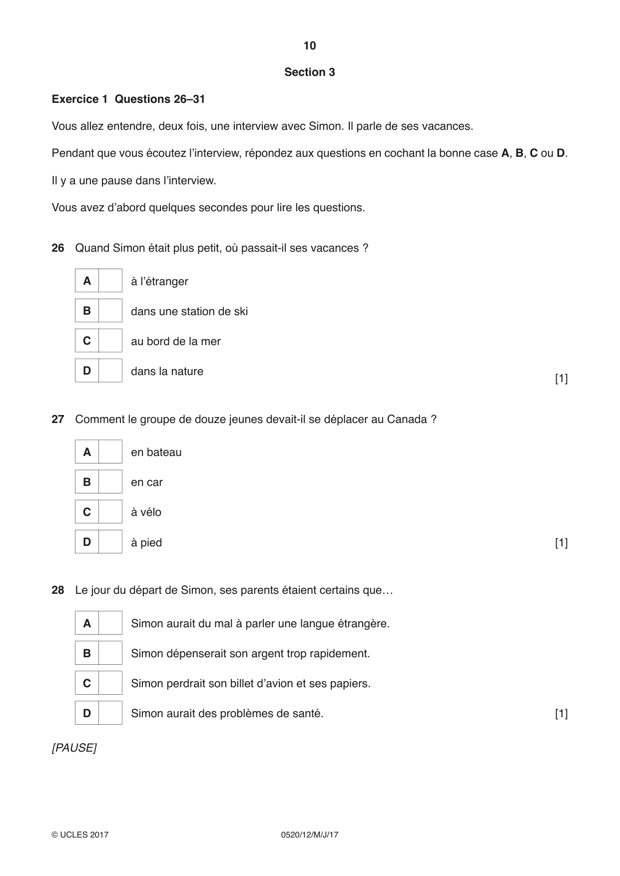 Cambridge IGCSE French - Foreign Language 0520 2017 May/June Paper 1 · Variant 2 question paper, page 10 of 12