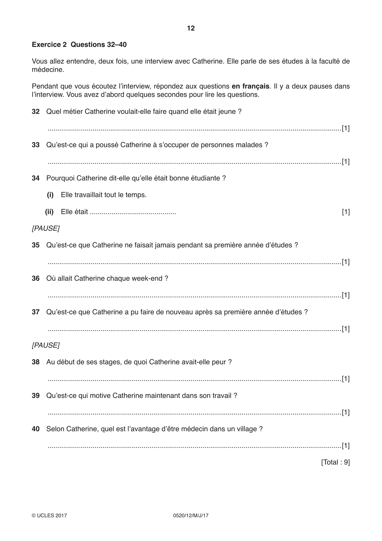 Cambridge IGCSE French - Foreign Language 0520 2017 May/June Paper 1 · Variant 2 question paper, page 12 of 12