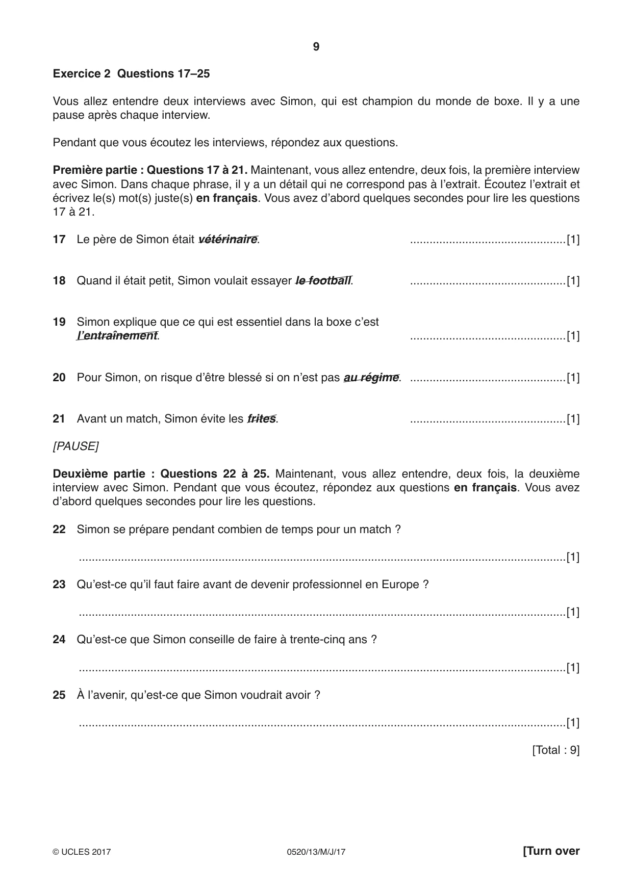 Cambridge IGCSE French - Foreign Language 0520 2017 May/June Paper 1 · Variant 3 question paper, page 9 of 12