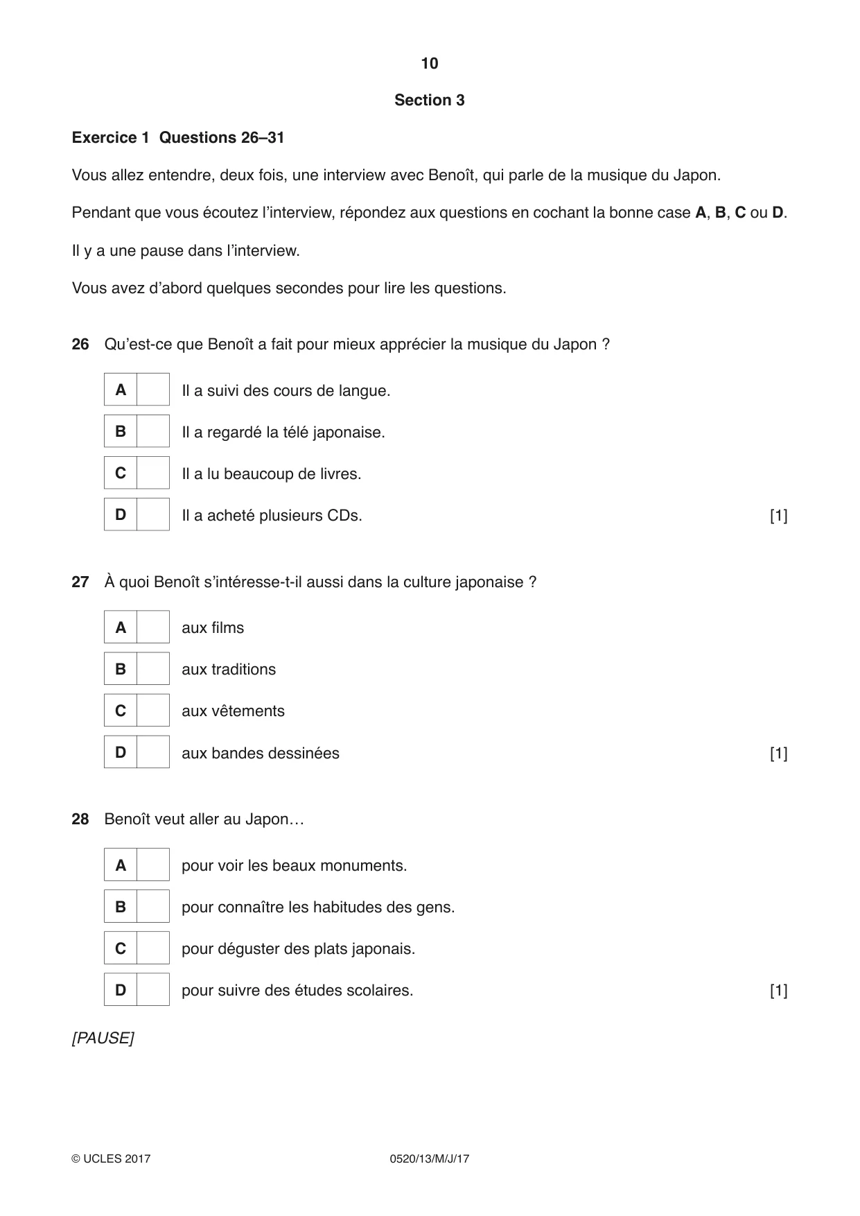 Cambridge IGCSE French - Foreign Language 0520 2017 May/June Paper 1 · Variant 3 question paper, page 10 of 12