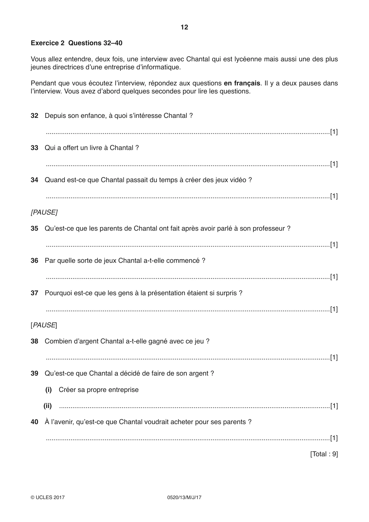 Cambridge IGCSE French - Foreign Language 0520 2017 May/June Paper 1 · Variant 3 question paper, page 12 of 12
