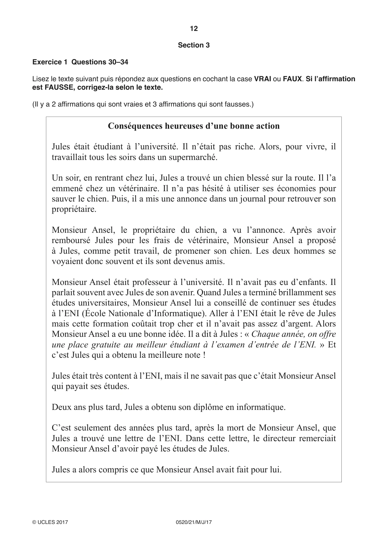 Cambridge IGCSE French - Foreign Language 0520 2017 May/June Paper 2 · Variant 1 question paper, page 12 of 16