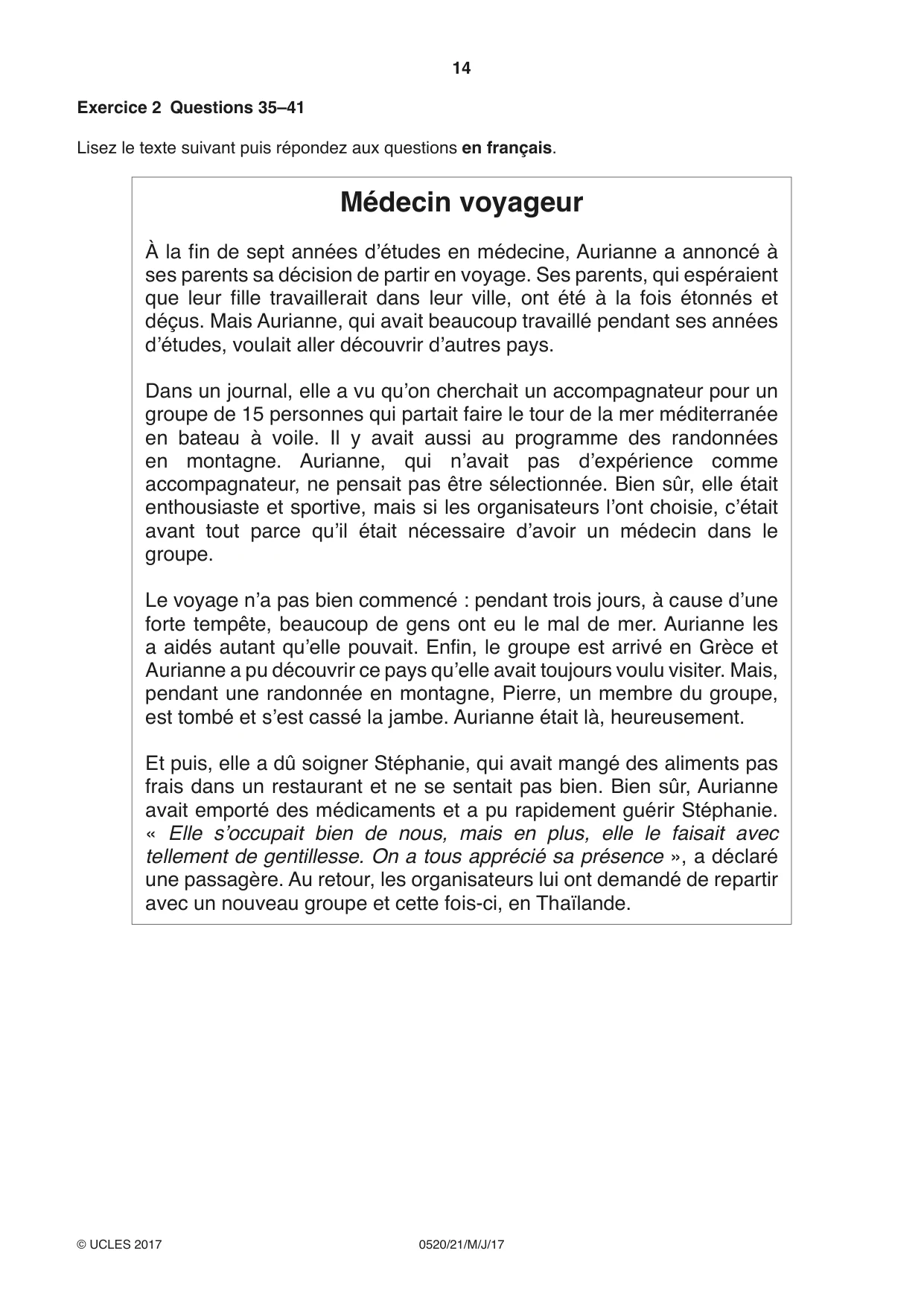 Cambridge IGCSE French - Foreign Language 0520 2017 May/June Paper 2 · Variant 1 question paper, page 14 of 16