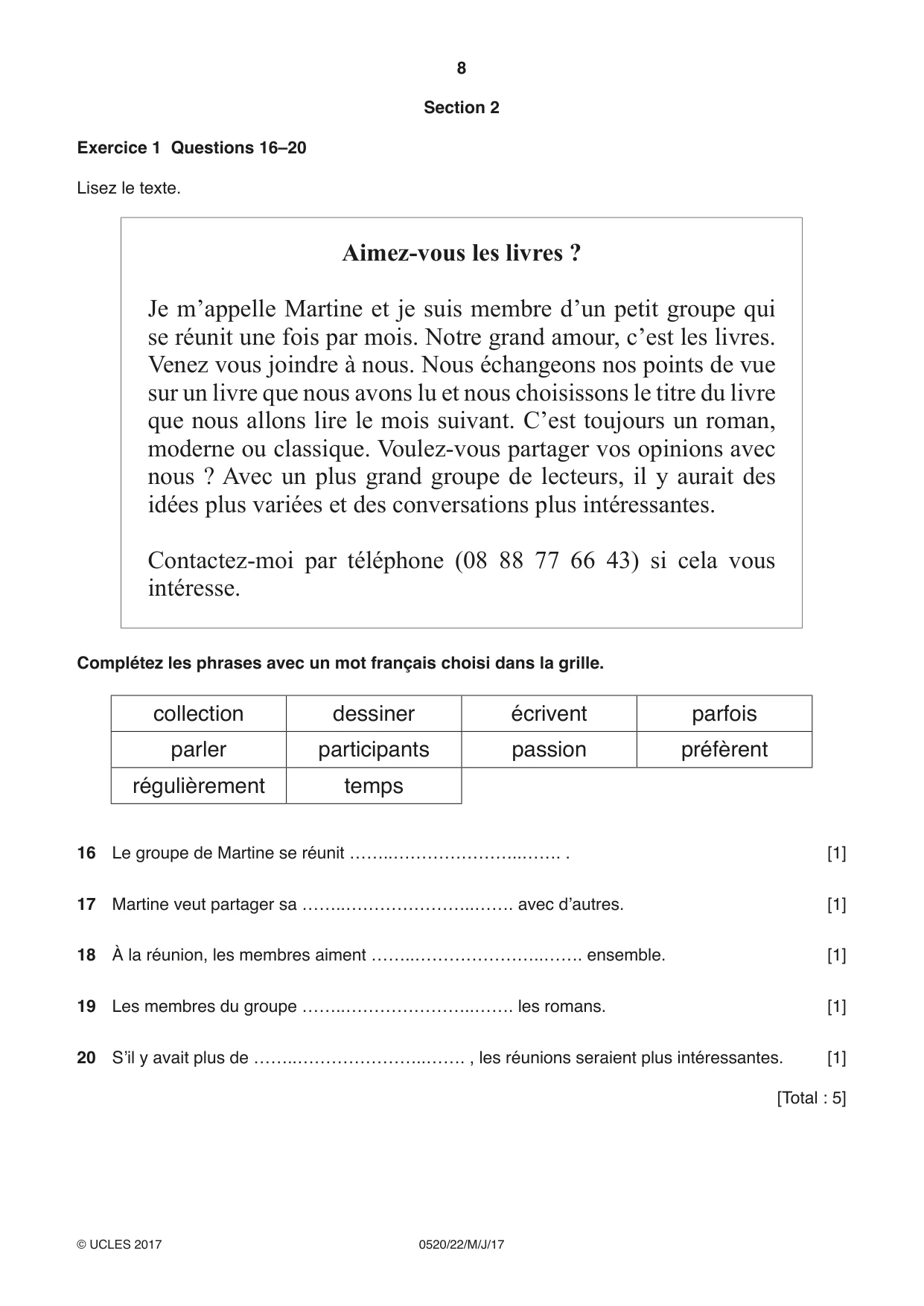 Cambridge IGCSE French - Foreign Language 0520 2017 May/June Paper 2 · Variant 2 question paper, page 8 of 16